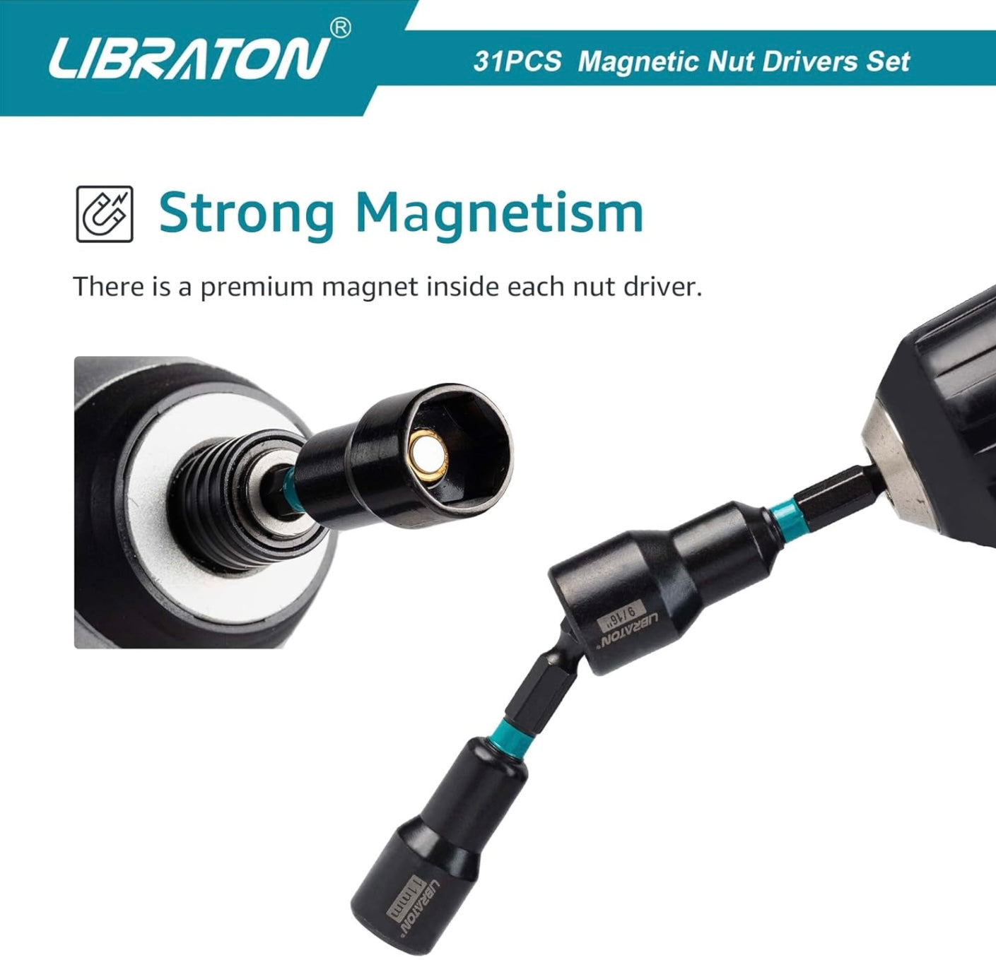 Libraton 31PCS Magnetic Nut Driver/ Impact Drill Driver Bit Set - Metric and SAE w/ Impact Socket Adapters, Bit Holder, Quick-release Extensions, Storage Bag