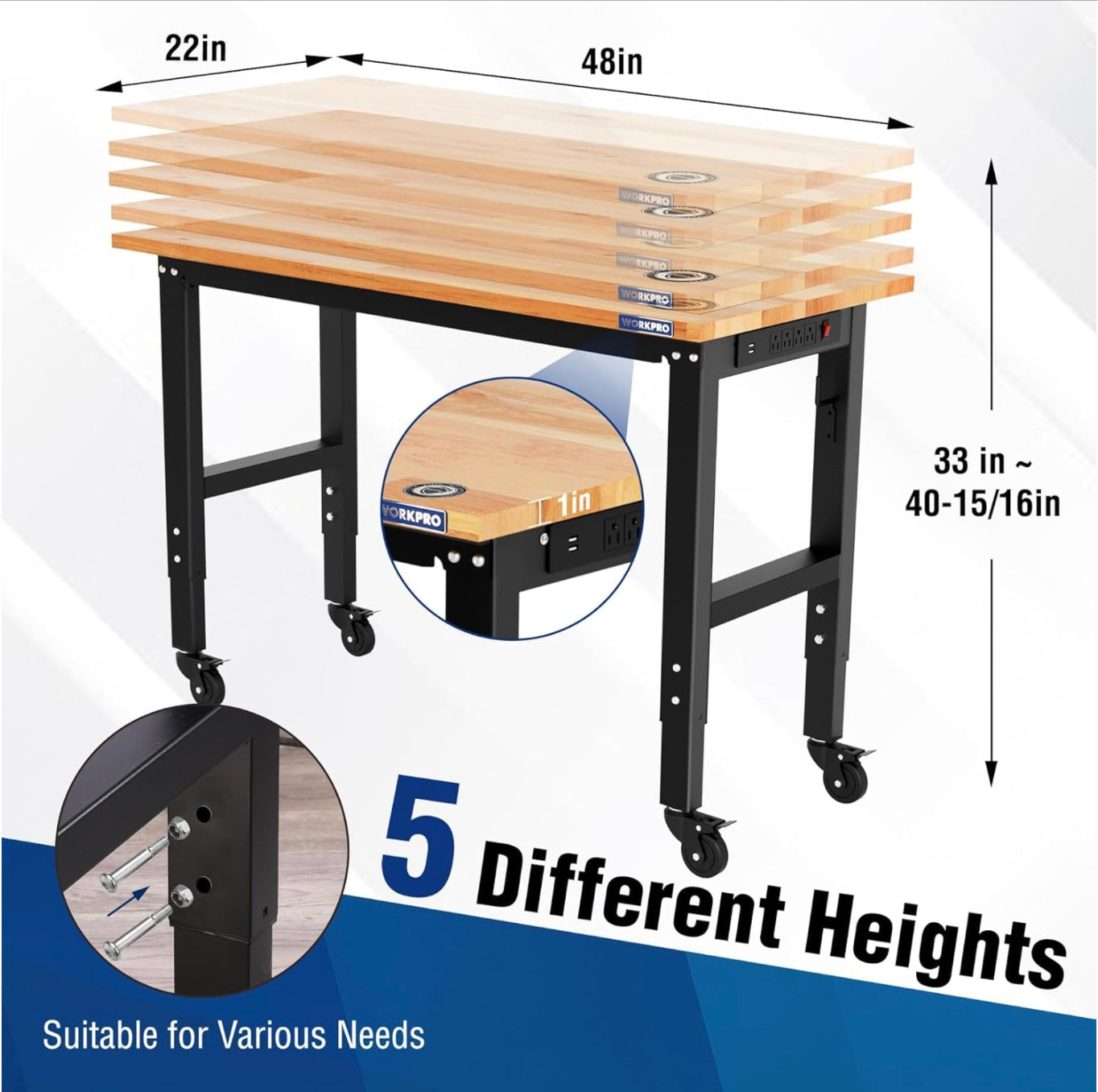 WORKPRO 48"X22" Adjustable Heavy-Duty Workbench w/ Wheels, Rubber Wood Top, Power Outlets, 1000lbs Stationary Load Capacity