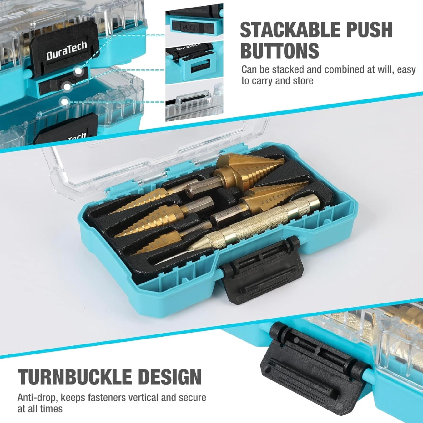 DURATECH 6-Piece Step Drill Bit Set with Automatic Center Punch, 50 Sizes in 5 High Speed Steel, Titanium Coated, Double Flute Cutting Blades Step Drill Bits for Metal, with Storage Case