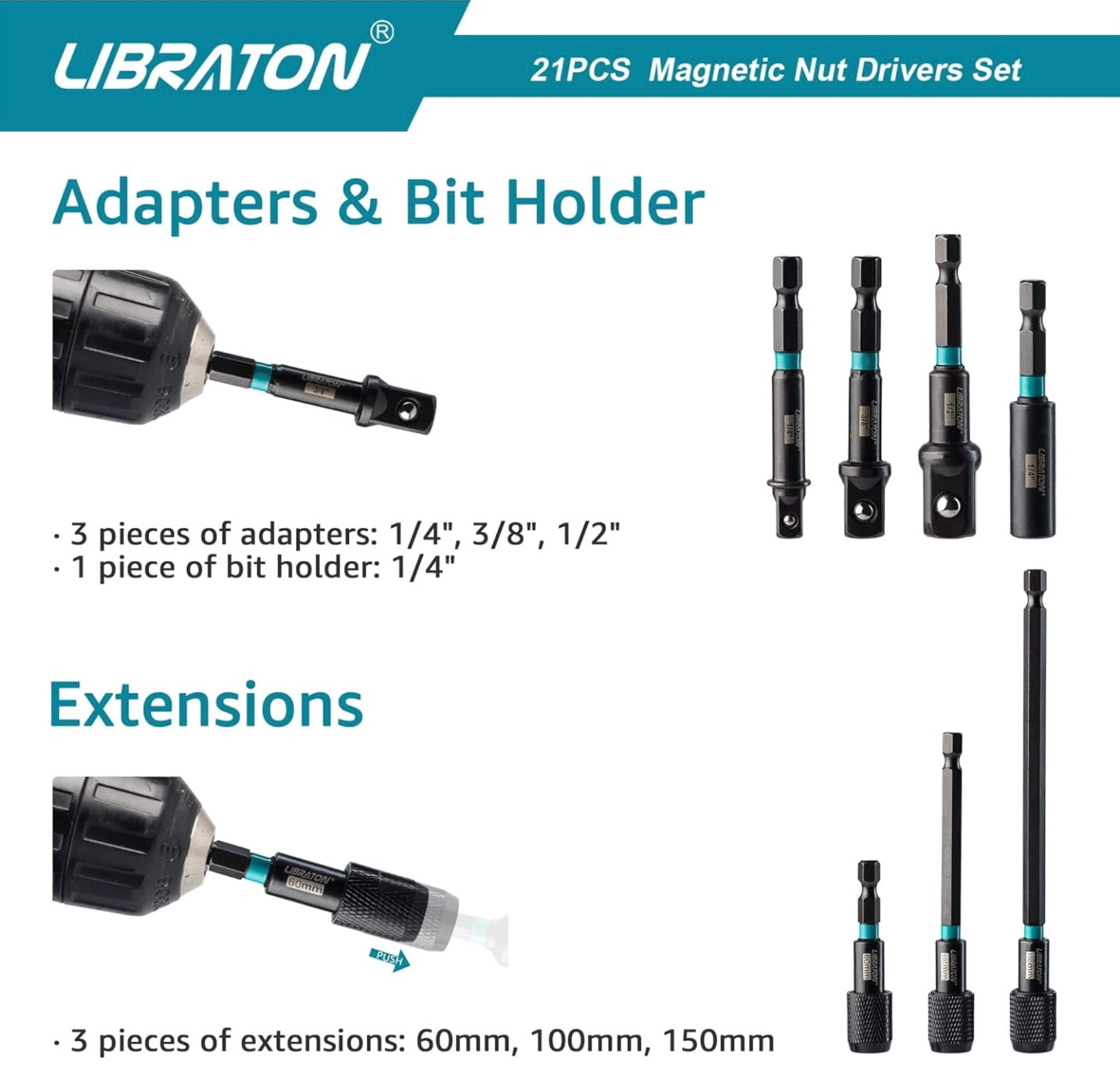 Libraton 21PCS 1/4” Magnetic Nut Driver Set - Metric and SAE w/ Impact Socket Adapters, Bit Holder, Quick-Release Extensions, Storage Bag