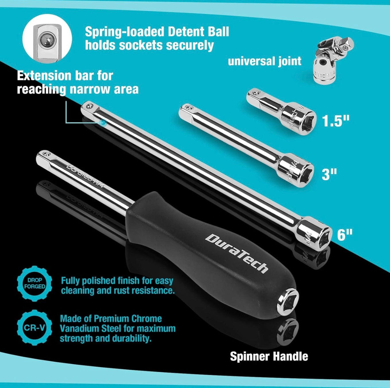 DURATECH 51PC 1/4" Drive SAE & Metric Socket Set, Bit Sockets, Ratchet, Universal Joint