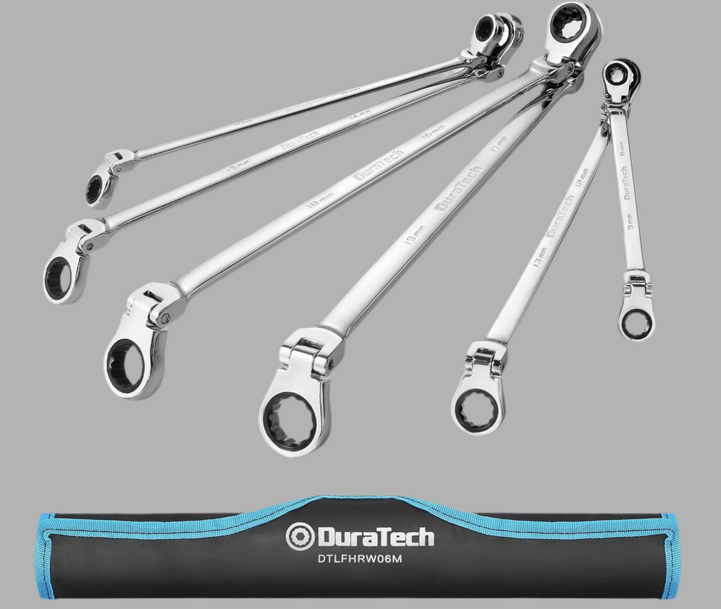 DURATECH 6PC Extra Long Flex-Head Double Box End Ratcheting Wrench Set, Metric 8-19 mm, w/ Roll-Up Pouch