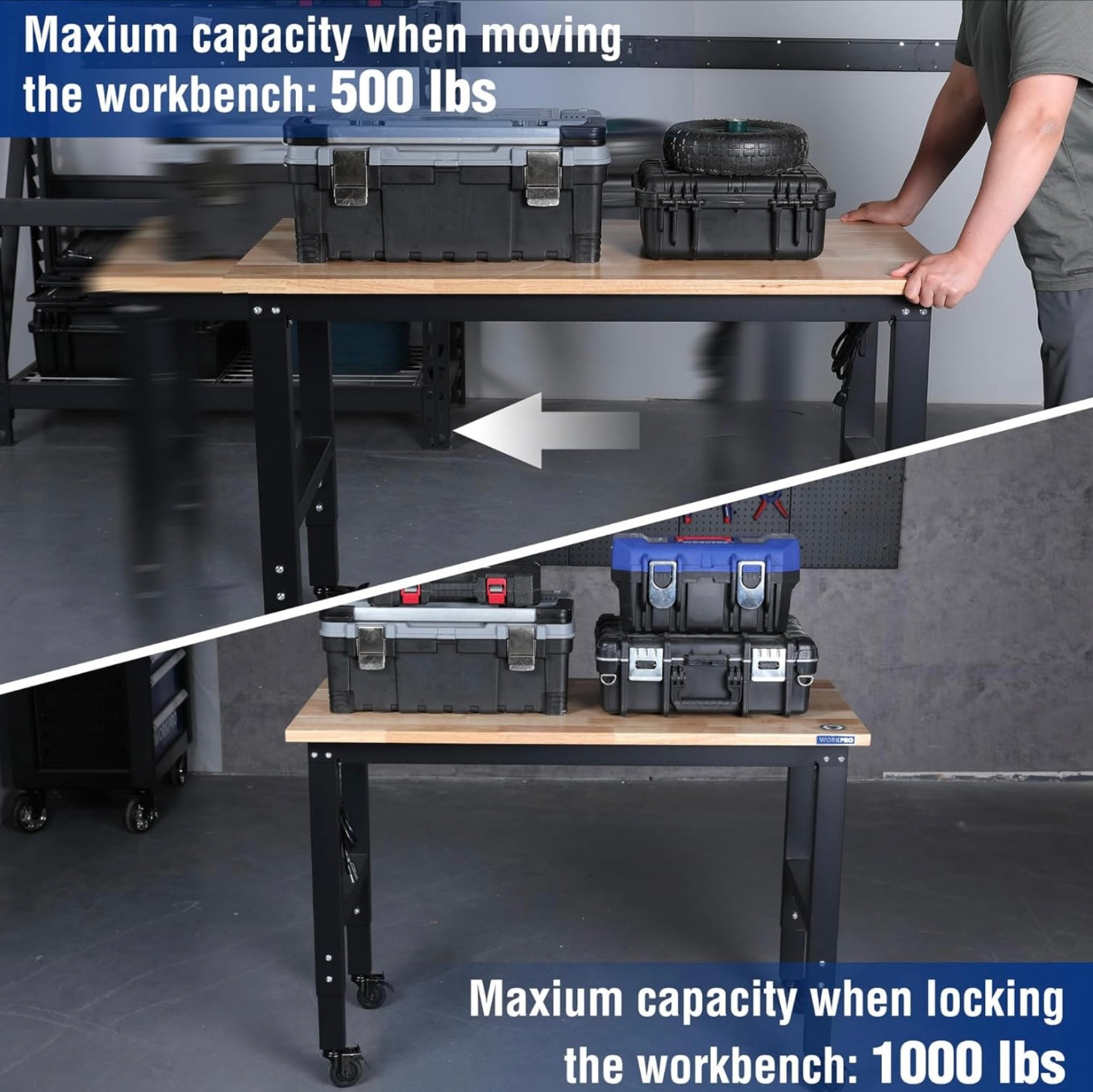 WORKPRO 48"X22" Adjustable Heavy-Duty Workbench w/ Wheels, Rubber Wood Top, Power Outlets, 1000lbs Stationary Load Capacity