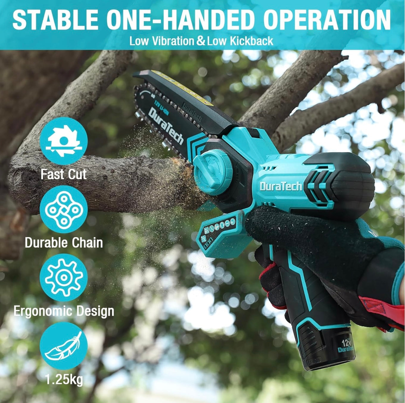DURATECH 12V 6” Electric Cordless Chainsaw w/ 2 Batteries, 2 Chains