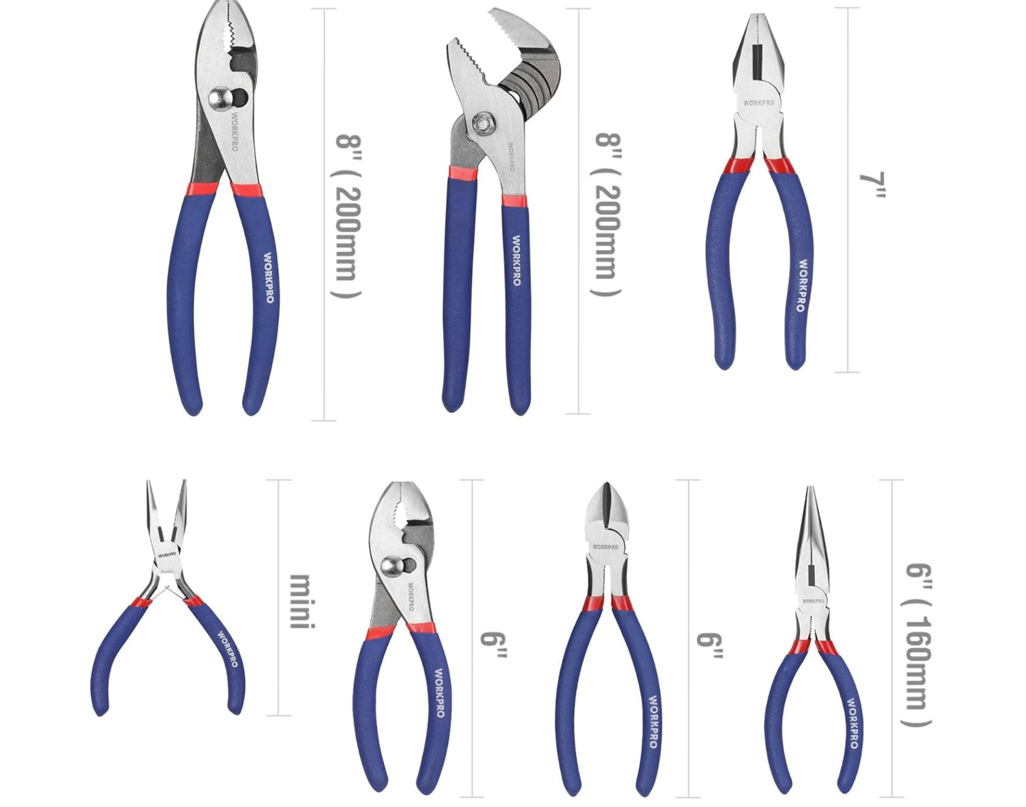 WORKPRO 7Pc Pliers Set w/ Groove Joint, Long Nose, Slip Joint, Linesman, and Diagonal Pliers