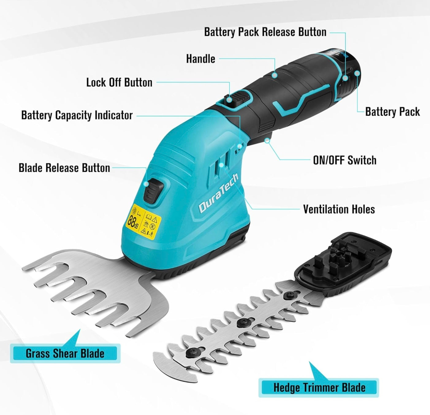 DURATECH 12V 2-in-1 Cordless Hedge Trimmer w/ 2.0Ah Li-Ion Battery, Charger & Storage Bag