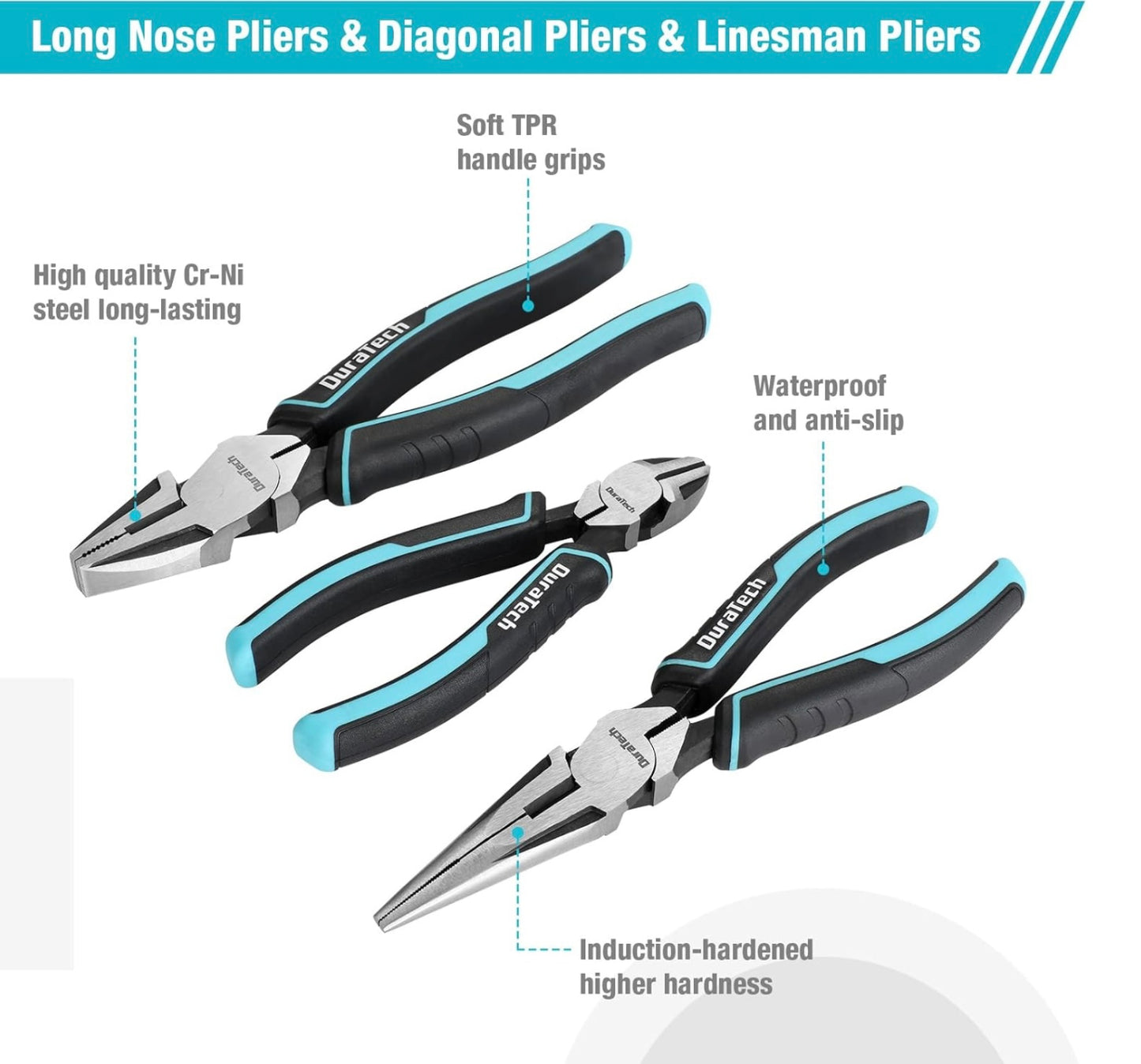 DURATECH 7PC Pliers Set w/ Rolling Pouch, 8”/10” Groove Joint Pliers, 6”/8” Long Needle Nose, 8" Linesman, 6" Slip Joint, 6" Diagonal