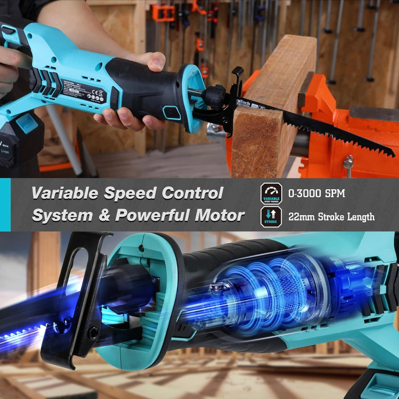 DURATECH 20V Cordless Reciprocating Saw w/ 4.0Ah Li-Ion Battery, Charger, 4 Blades