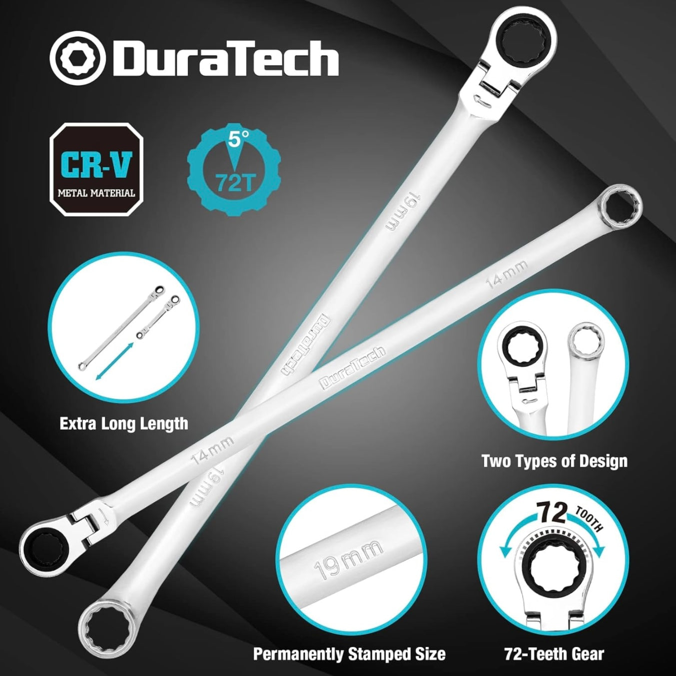 DURATECH 27PC Extra Long Flex Head Double Box End Ratcheting Wrench Set w/ Replacement Heads, Adapers