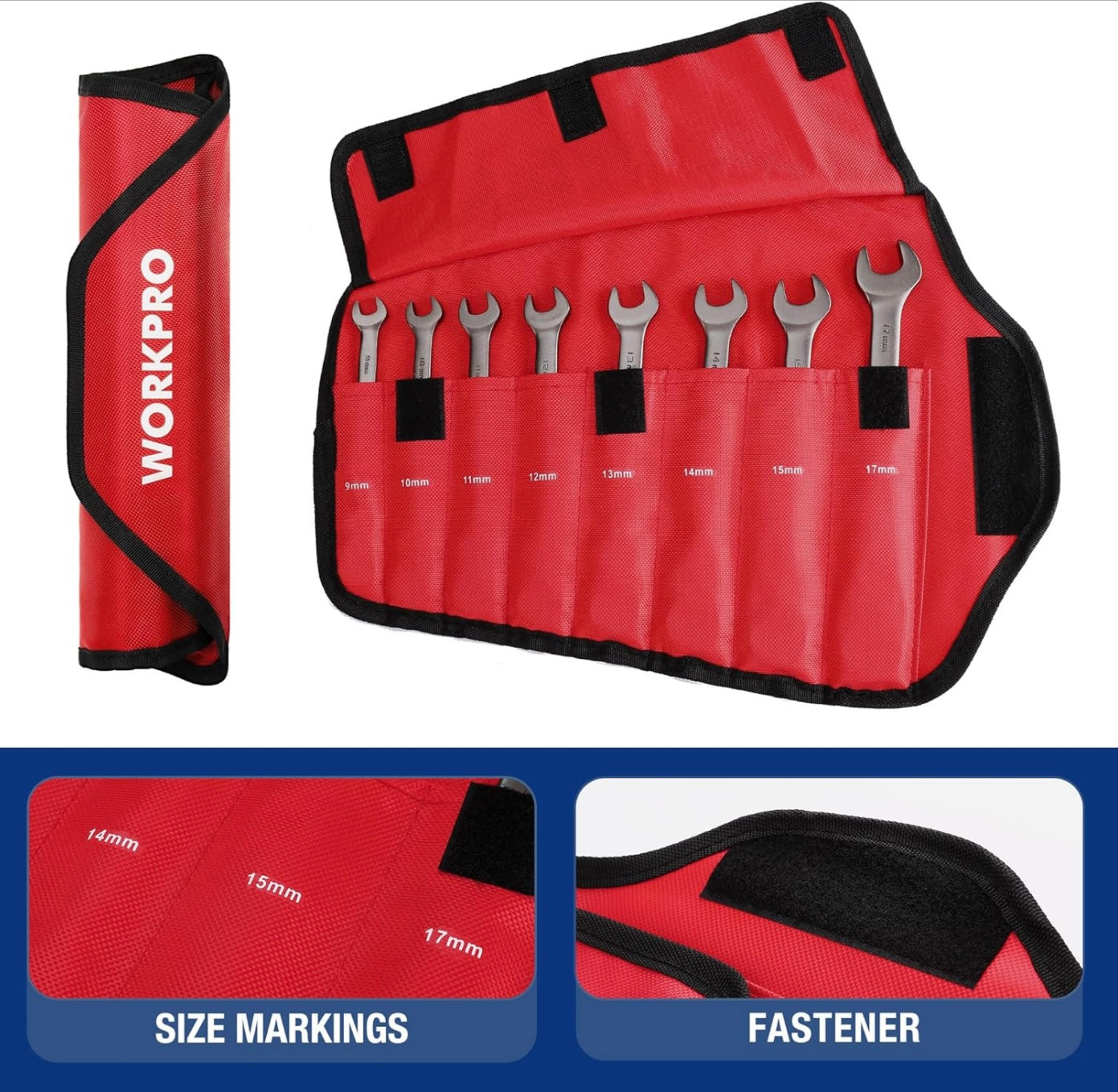 WORKPRO 8-piece Flex-Head Ratcheting Combination Wrench Set w/ Organizer Bag, Metric 9-17 mm