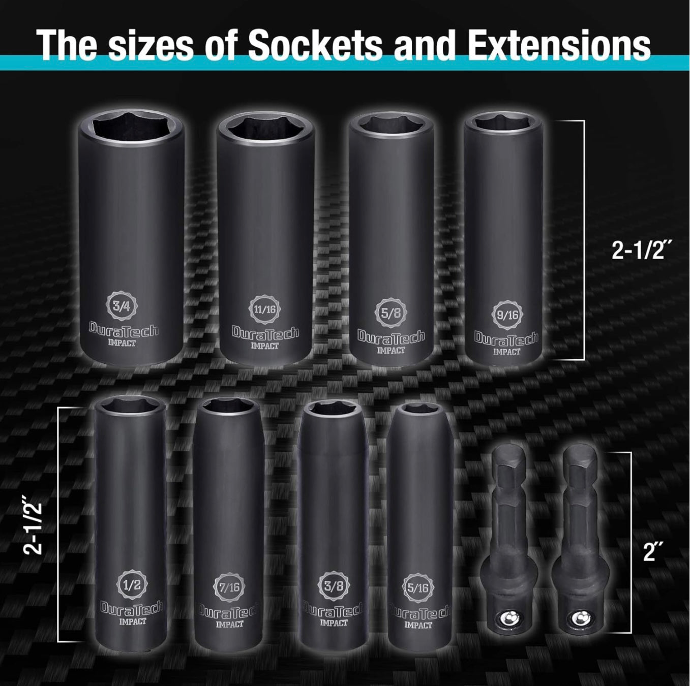 DURATECH 10PC 3/8" Drive SAE Deep Impact Socket Set, (5/16", 3/8", 7/16", 1/2", 9/16", 5/8", 11/16", 3/4"), 1/4" Hexagon Extension Bars