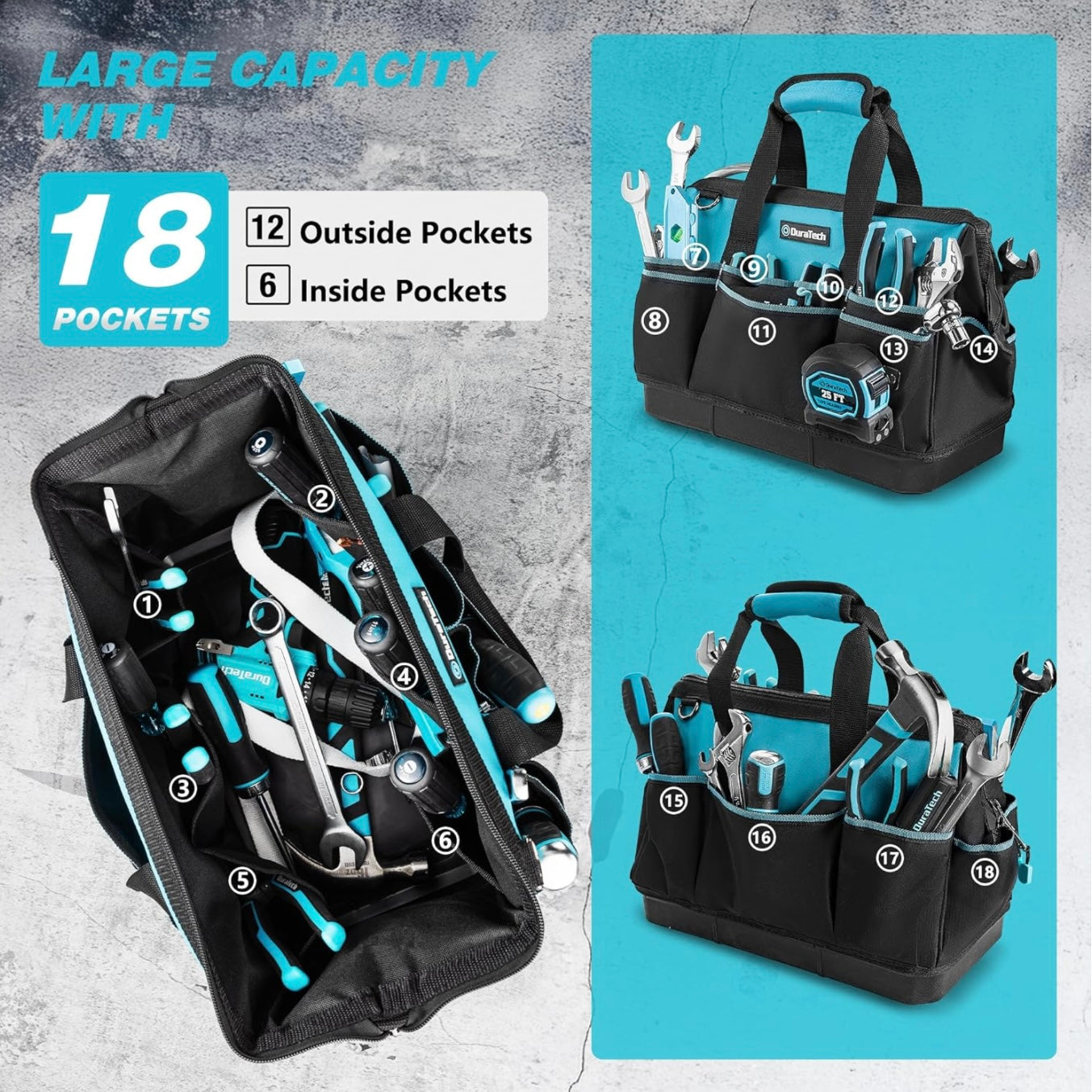 DURATECH 16” Heavy Duty Tool Bag w/ 18 Pockets, Waterproof Hard Bottom