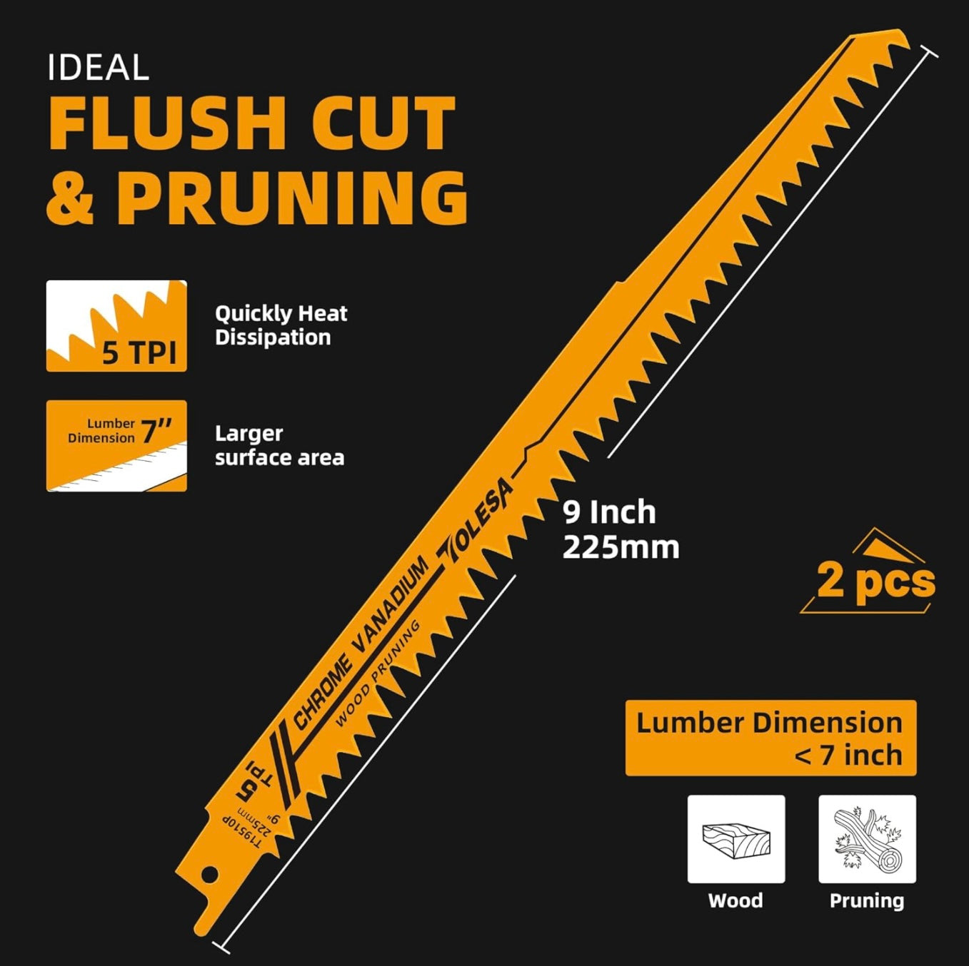 TOLESA 10PC 6” + 9” Metal/Woodcutting 5, 6, 14TPI Reciprocating Saw Blades