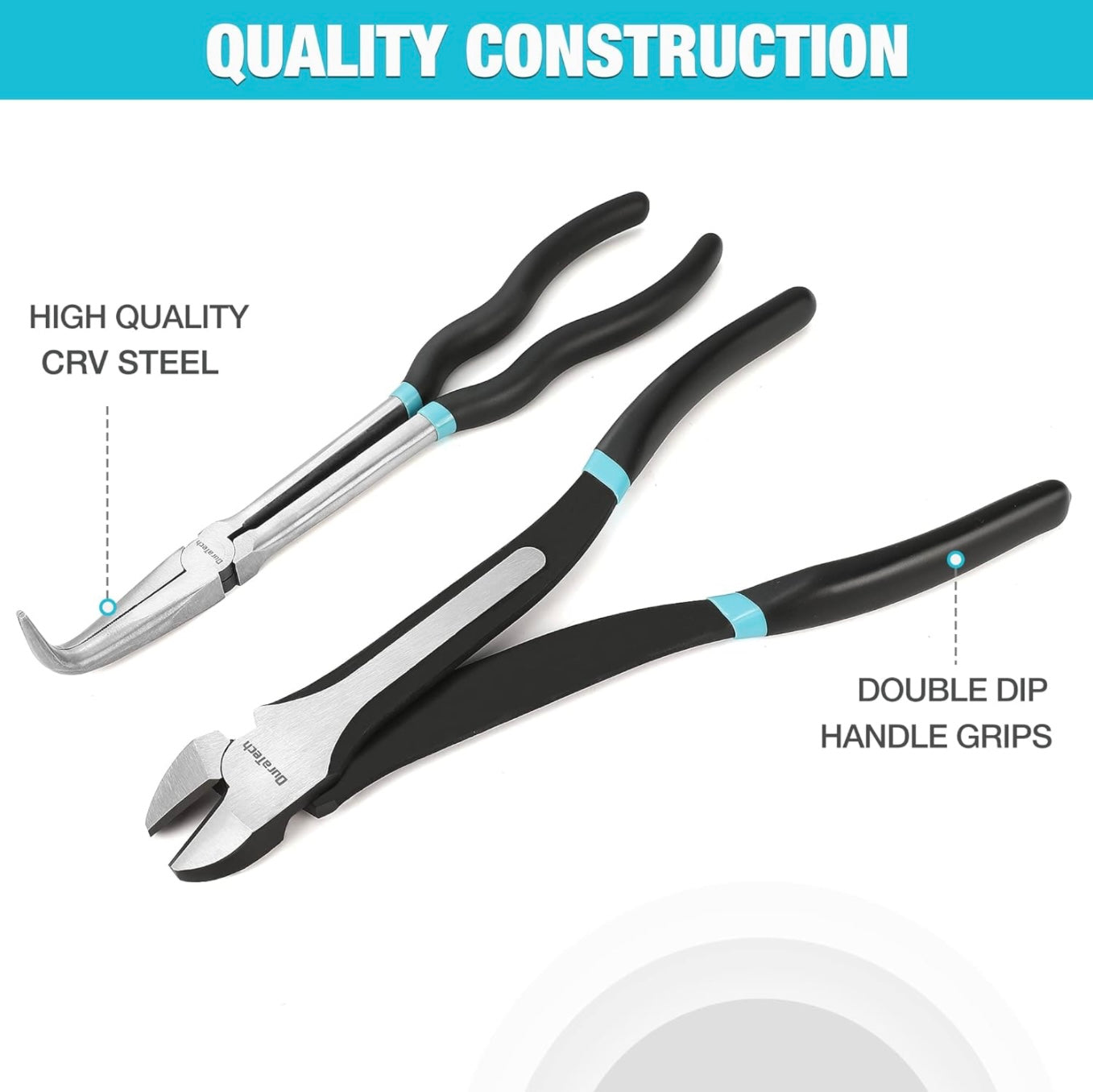 DURATECH 4PC Extra Long Needle Nose Pliers Set, 11" Long Reach Straight Pliers, 90° Bent Nose Pliers, 45° Bent Nose Pliers, 11” Diagonal Pliers w/ Portable Rolling Pouch
