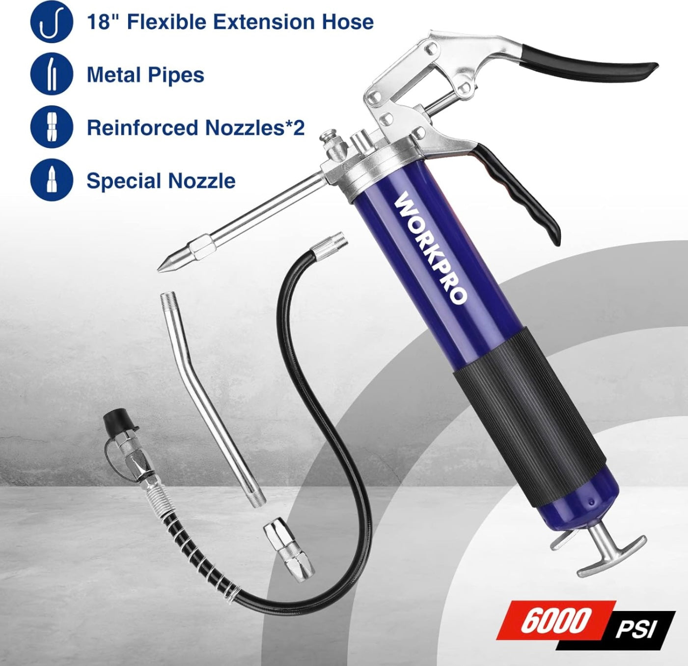 WORKPRO 6000PSI Grease Gun Kit w/ 18inch Flexible Hose, 2 Fixed Tubes & 3 Nozzles, 14oz Load