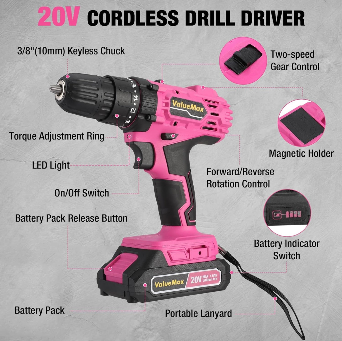 ValueMax 20V Pink Cordless Drill Set w/ Bits, LED Light, Magnetic Holder, 3/8-Inch Keyless Chuck, Battery, Charger