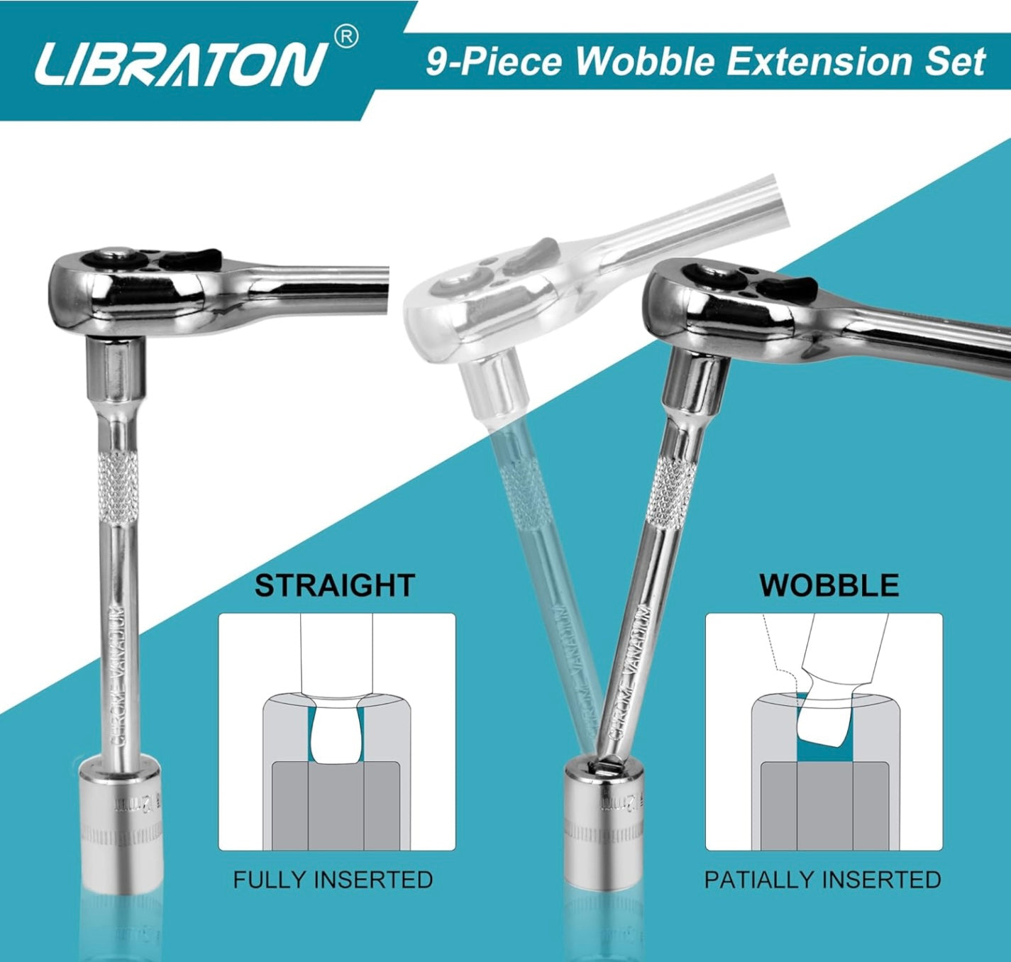 LIBRATON 9PC Wobble Extension Set w/ EVA Storage Tray - 1/4'', 3/8'', 1/2''