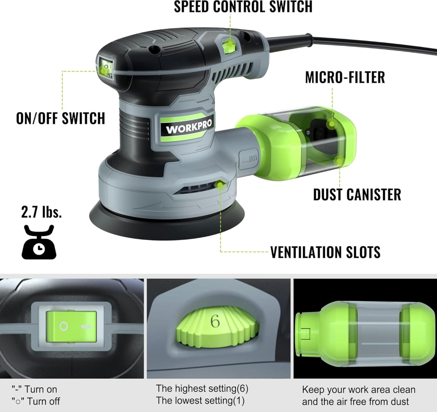 WORKPRO 300W 5” Random Orbit Sander w/ Dust Collector, 15pcs Sandpapers