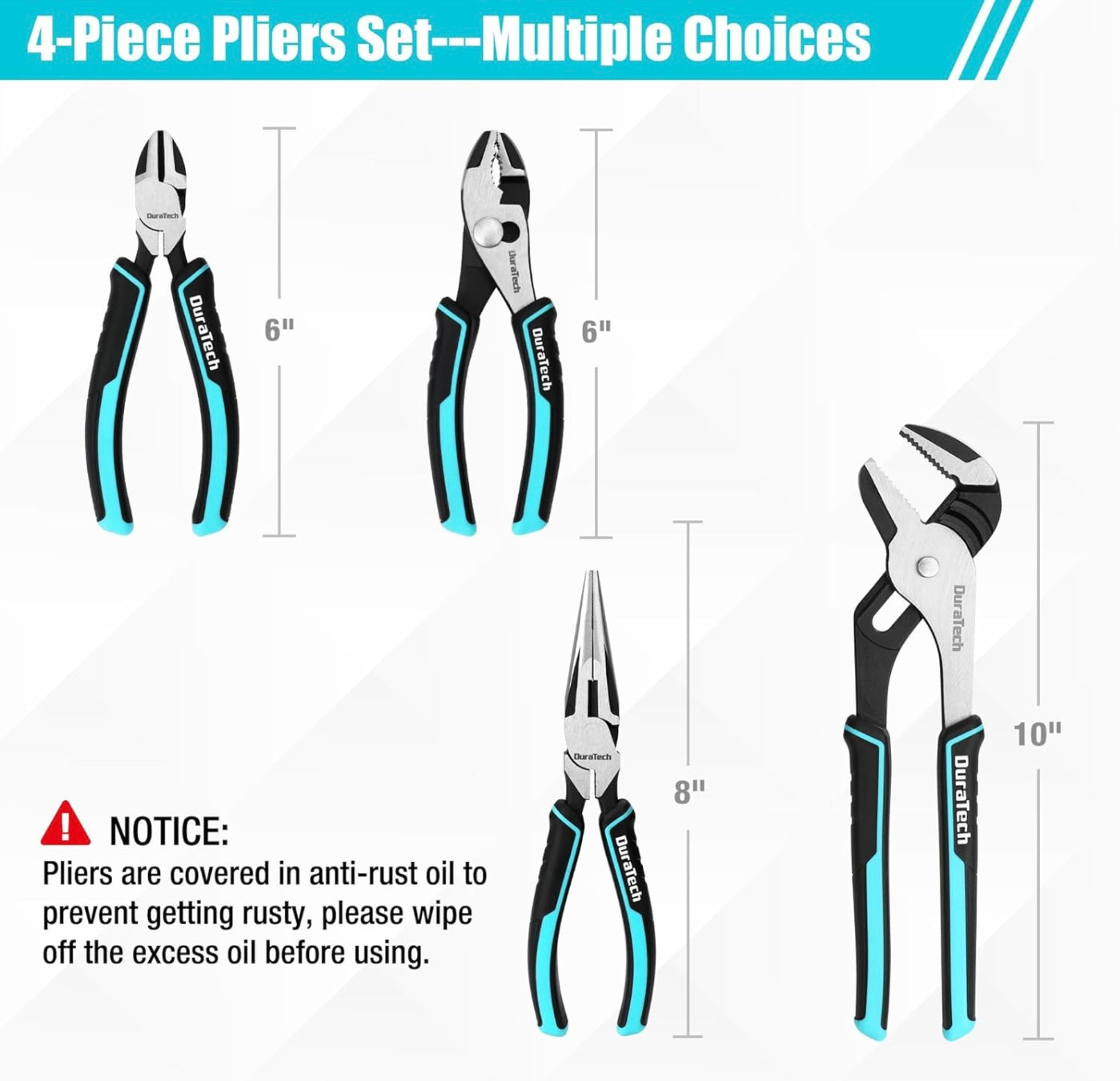 DURATECH 4PC Pliers Set w/ Rolling Pouch (10" Groove Joint Pliers, 8" Long Needle Nose, 6" Slip Joint, 6" Diagonal)