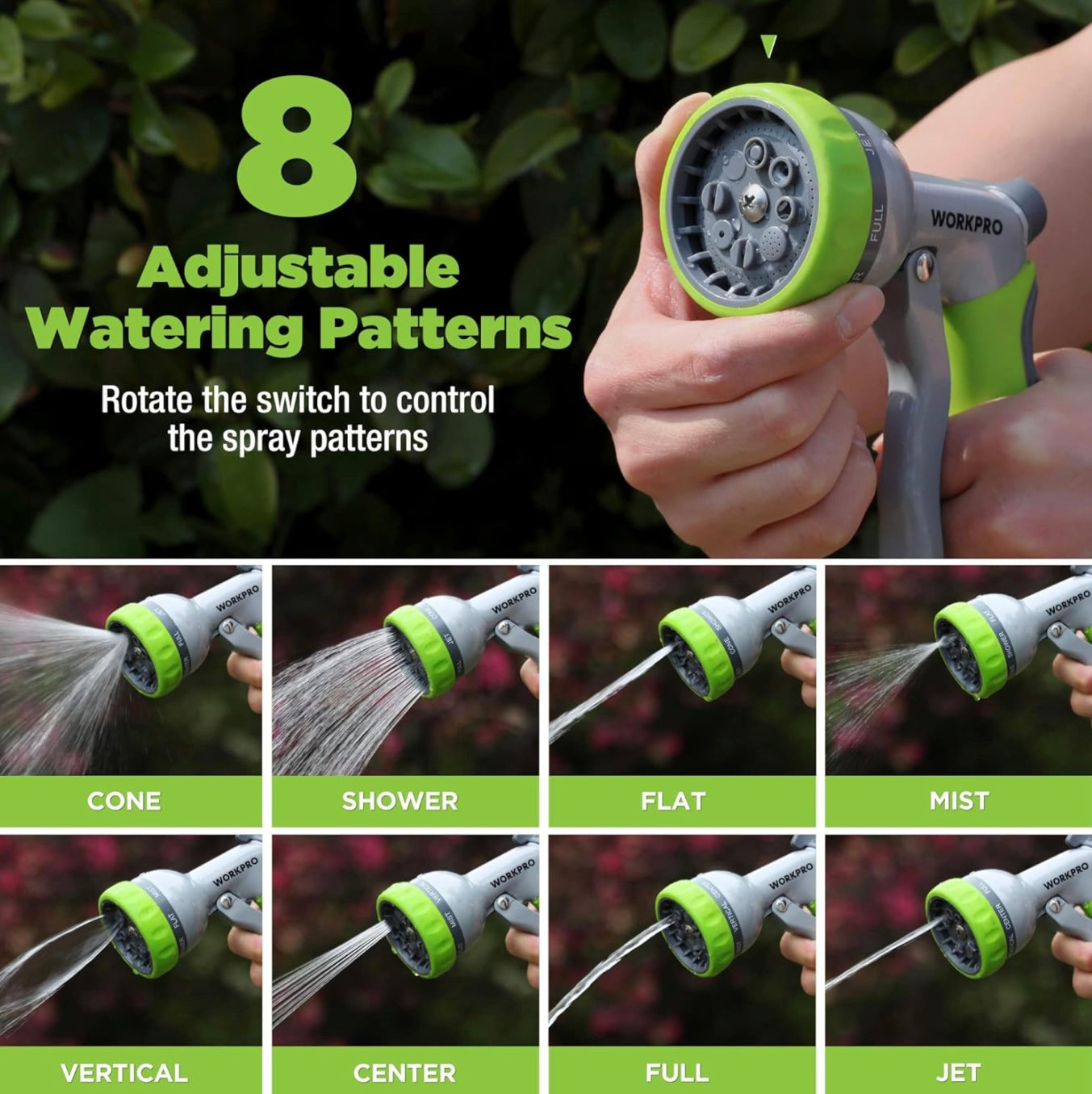 WORKPRO Heavy-Duty Garden Hose Nozzle w/ 8 Adjustable Spray Patterns