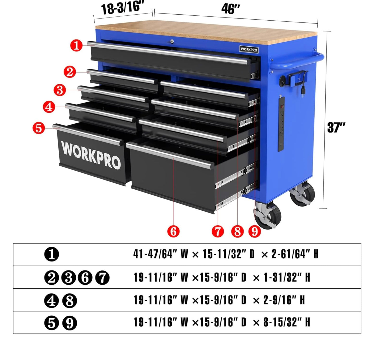 WORKPRO 46” 9-Drawers Rolling Tool Chest w/ Wooden Top, Casters, Handle, Drawer Liner, and Locking System, 1200 lbs Load Capacity