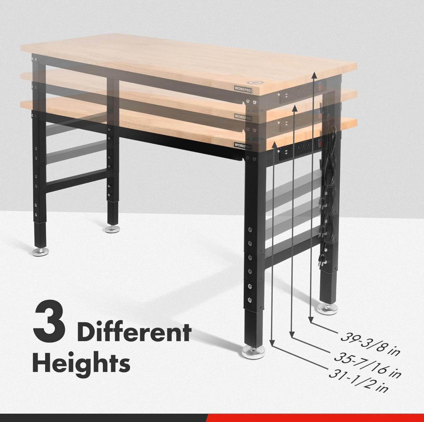 WORKPRO 48" Adjustable Heavy-Duty Workbench w/ Power Outlets, Rubber Wood Top, 2000lbs Load Capacity