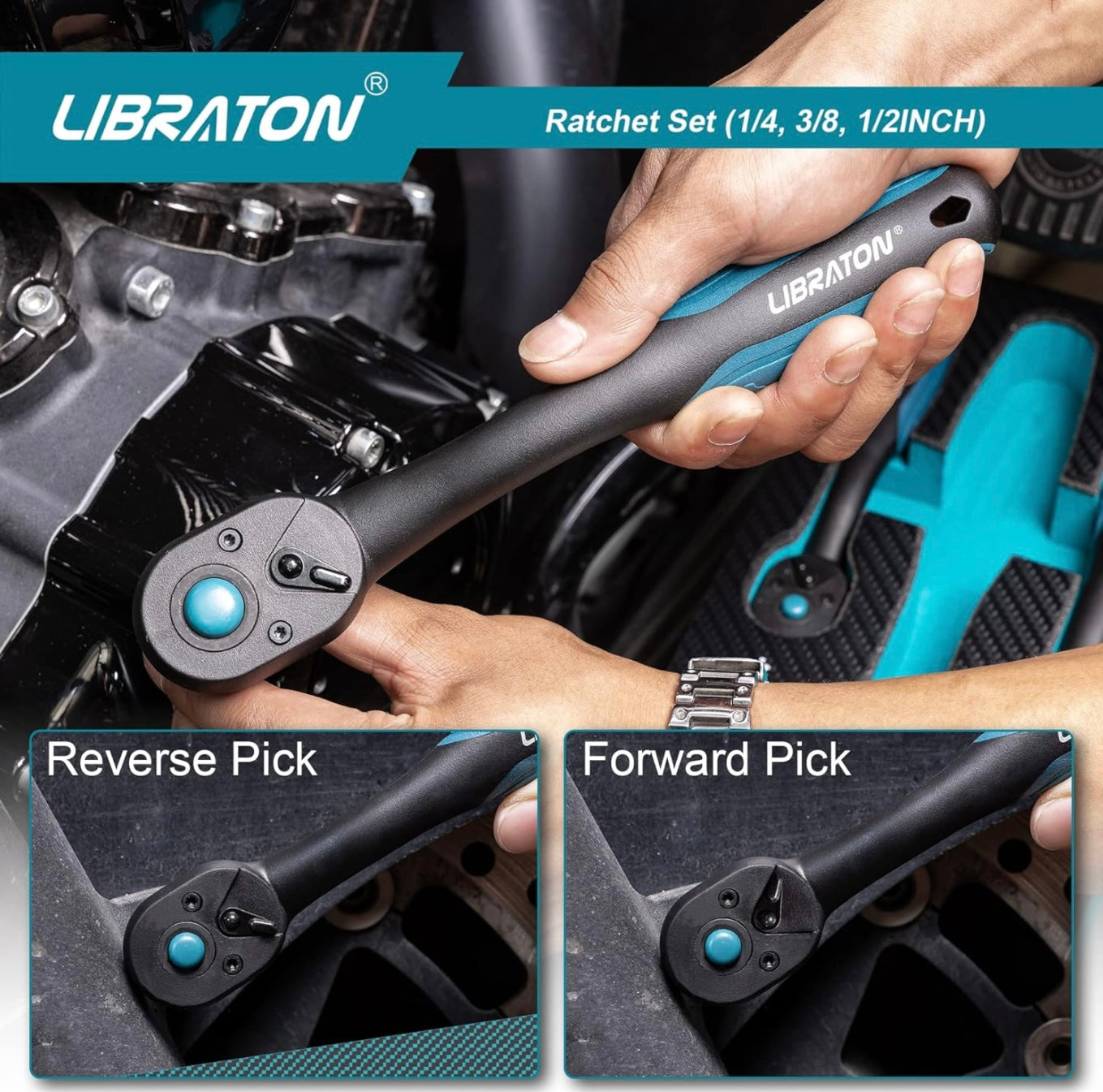 LIBRATON 3PC Heavy Duty Drive Ratchet Socket Wrench Set with Quick-Release Head, 72 Teeth, Reversible Design, Comfort Grip - 1/4”, 3/8”, 1/2”