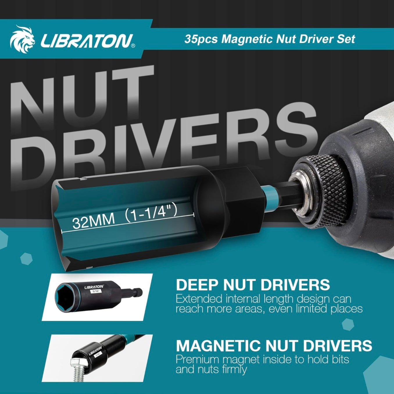 LIBRATON 35Pc Magnetic Nut Driver Set- Metric & SAE w/ Wing Nut Driver, Bit Holder, Drill Bit PH1 & PH2, Toolbox