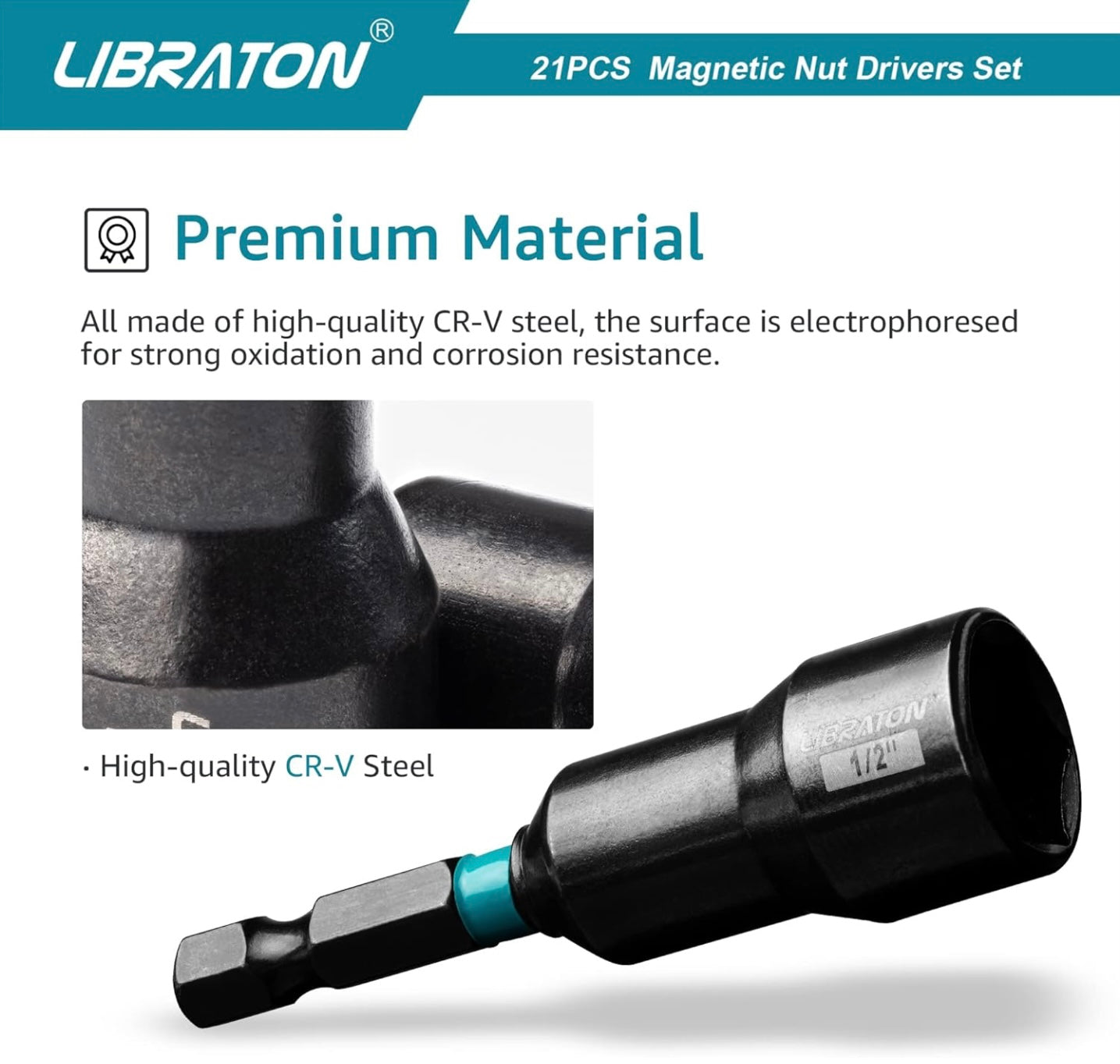 Libraton 21PCS 1/4” Magnetic Nut Driver Set - Metric and SAE w/ Impact Socket Adapters, Bit Holder, Quick-Release Extensions, Storage Bag