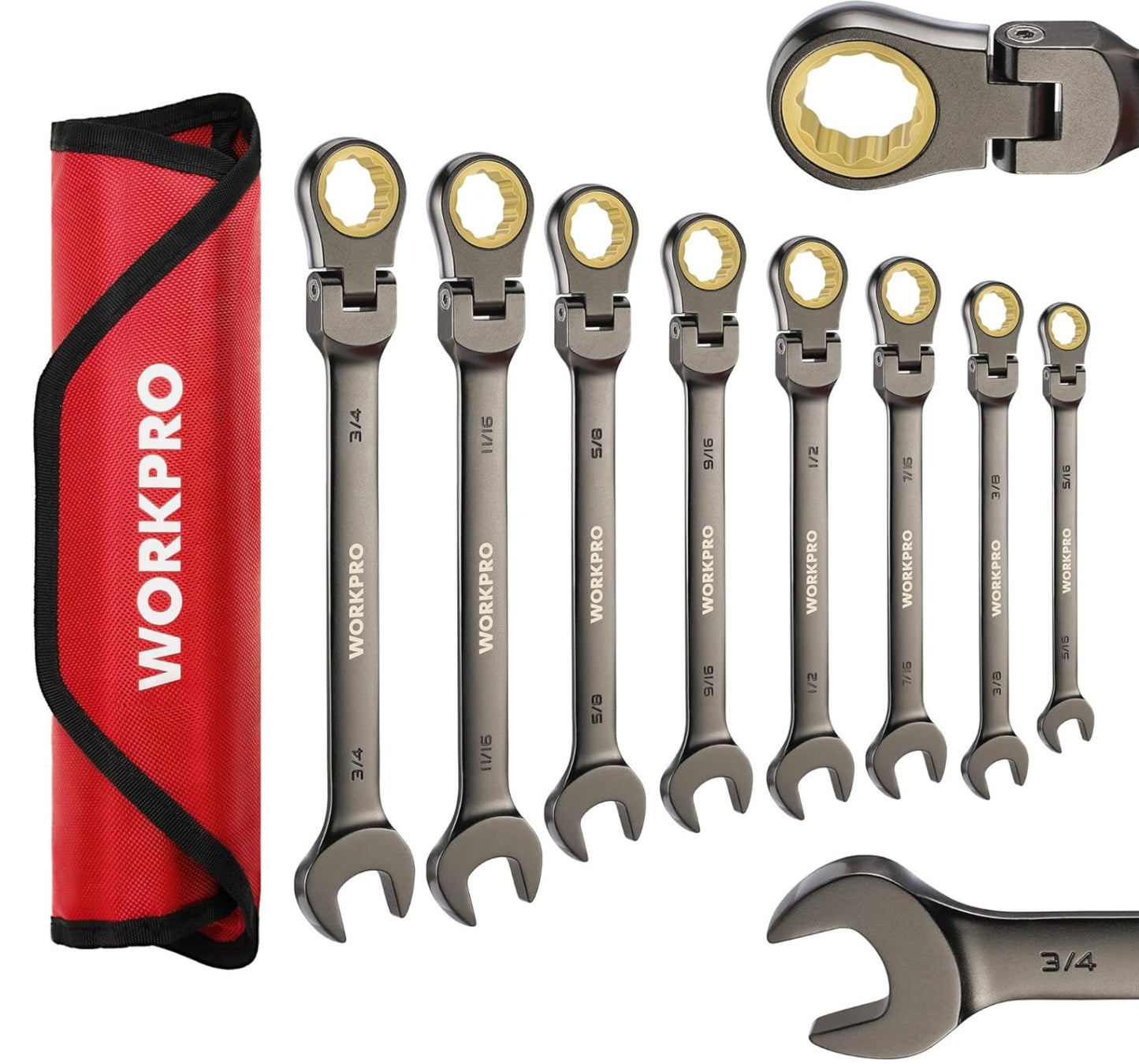 WORKPRO 8-piece Flex-Head Ratcheting Combination Wrench Set w/ Organizer Bag, SAE 5/16-3/4 in