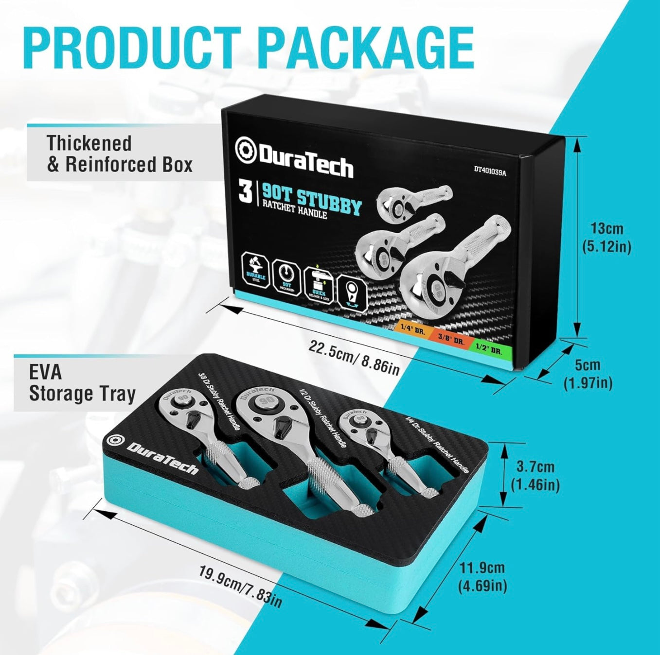 DURATECH 3PCS Stubby Ratchet Wrench Set, 1/4", 3/8", 1/2" Drive w/ EVA Organizer
