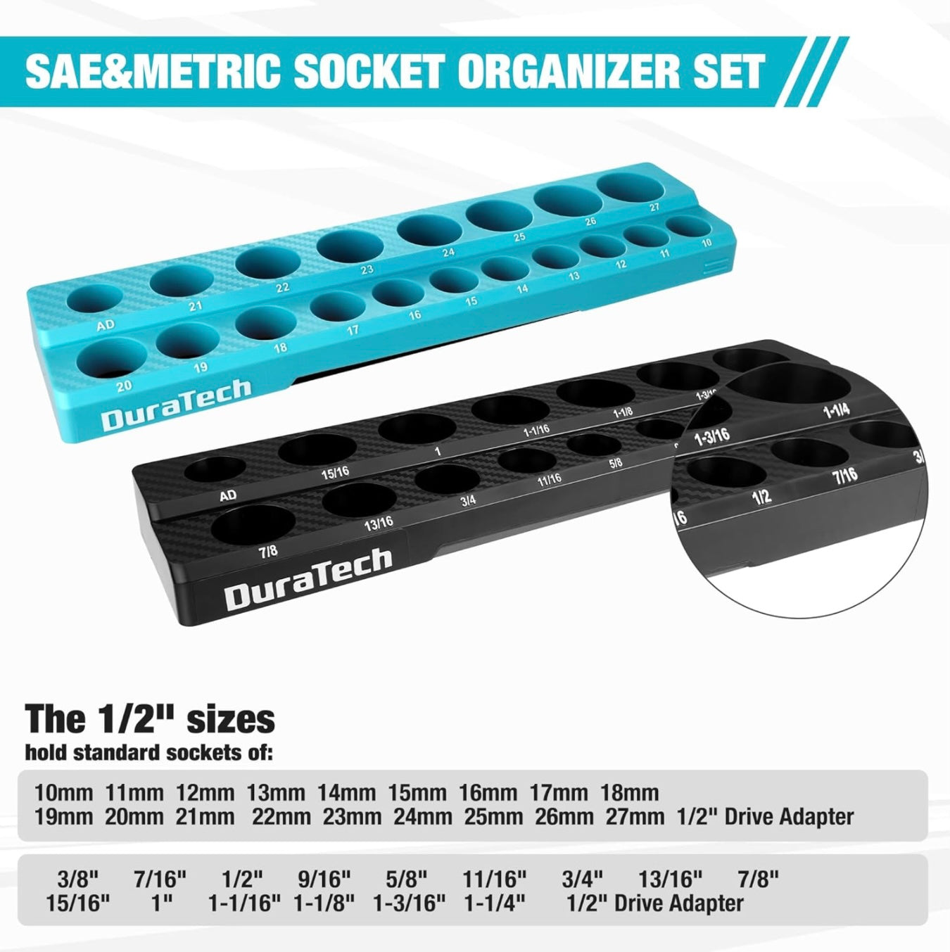DURATECH 2PC SAE & Metric 1/2” Drive Magnetic Socket Organizer Set, Hold 35 Pieces Standard Size Sockets (Sockets Not Included)