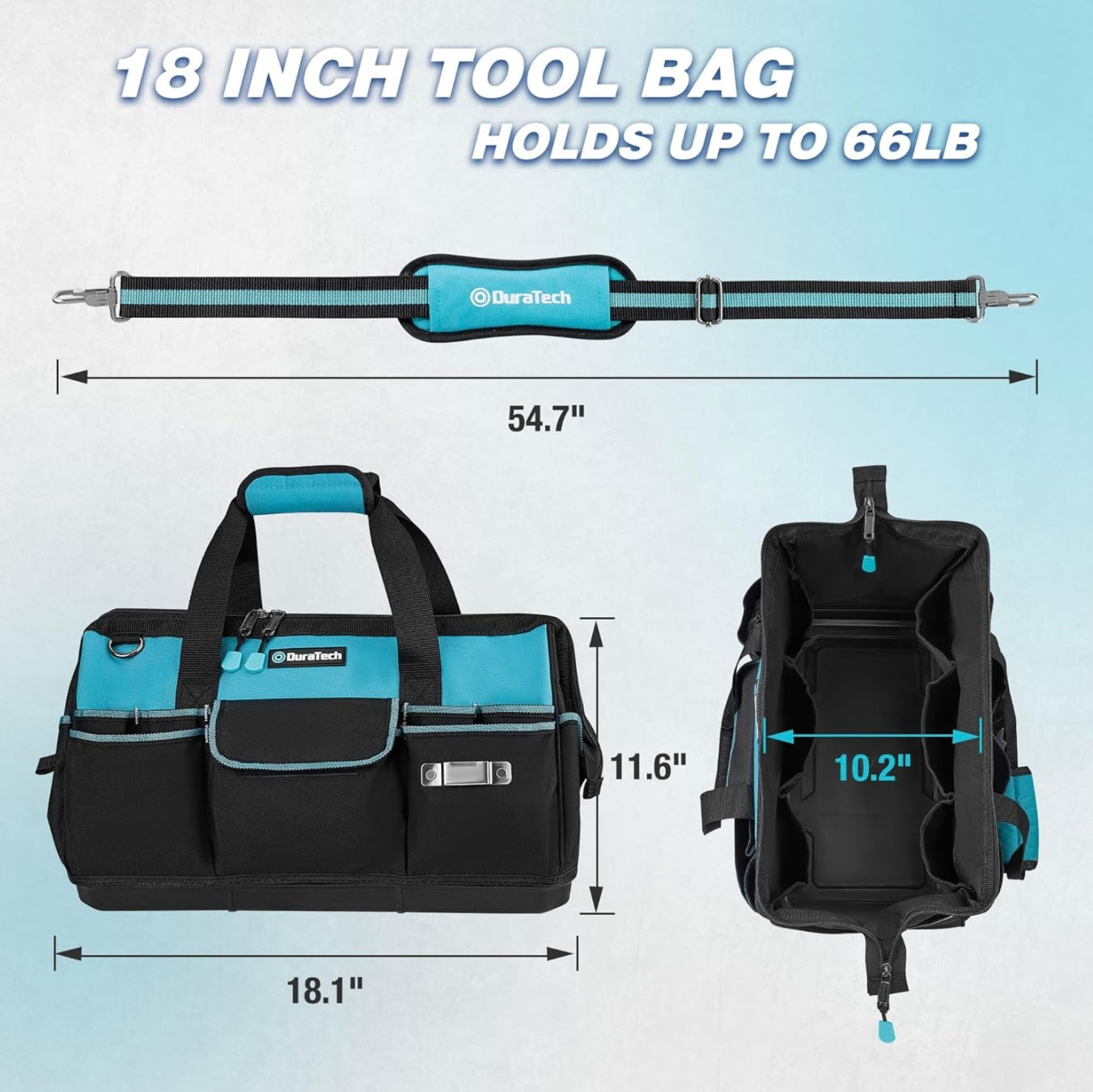 DURATECH 18” Large Tool Bag w/ 19 Pockets, Waterproof Hard Bottom