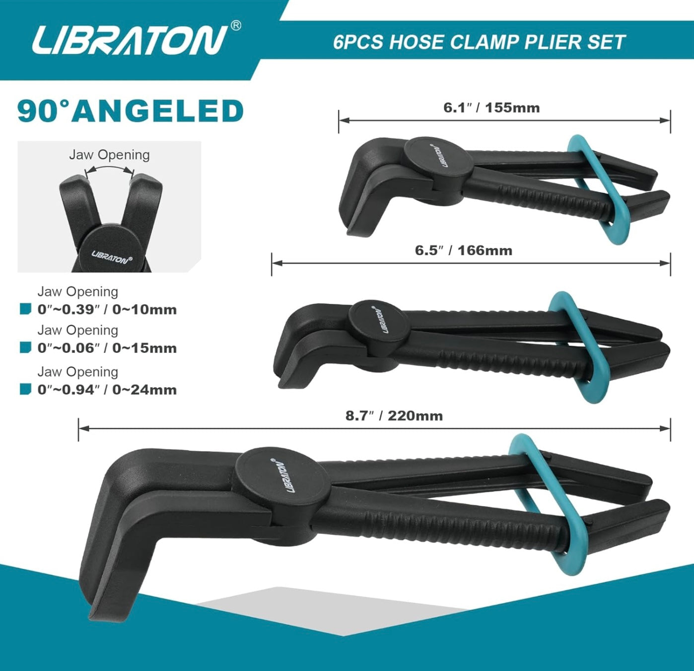 Libraton 6PC Hose Clamp Pliers Set w/ 90-Degree & Straight
