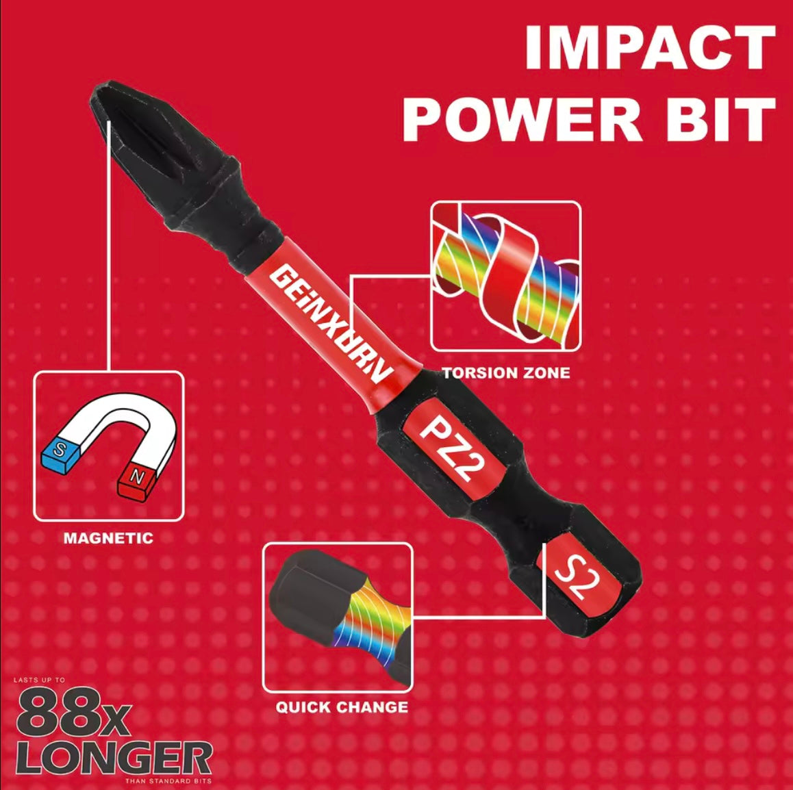 GEINXURN 10PC Impact Driver Bit Set - PZ2 w/ Organizer Sleeve