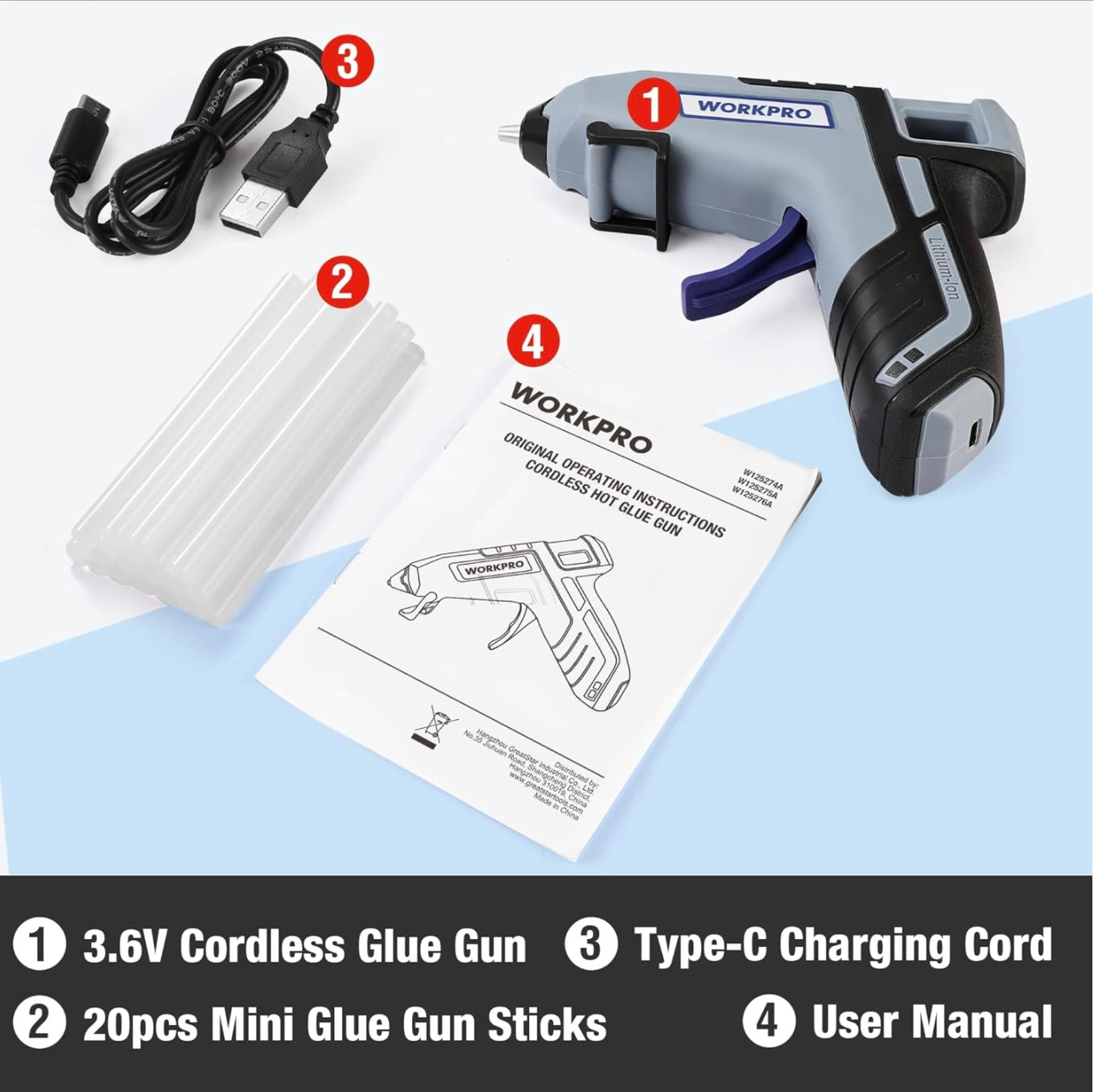 WORKPRO 3.6V Cordless Hot Glue Gun W/ 20 Glue Sticks