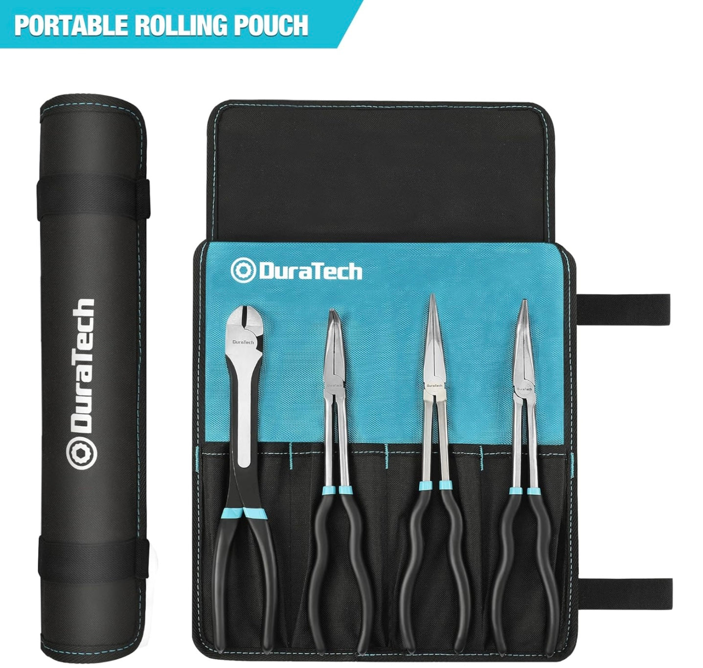 DURATECH 4PC Extra Long Needle Nose Pliers Set, 11" Long Reach Straight Pliers, 90° Bent Nose Pliers, 45° Bent Nose Pliers, 11” Diagonal Pliers w/ Portable Rolling Pouch
