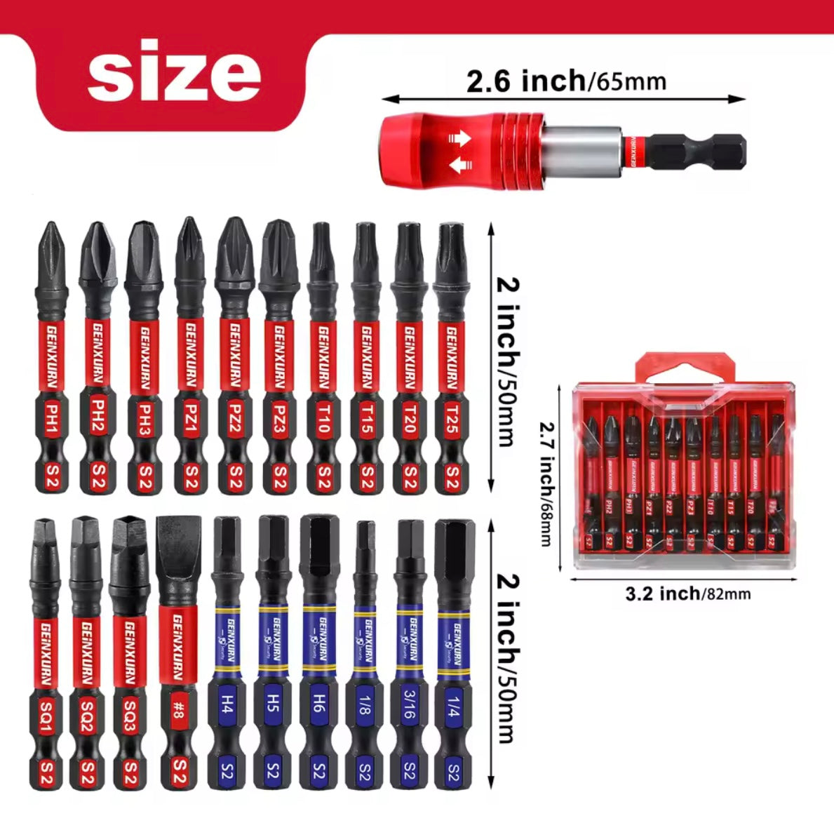 GEINXURN 21PC 2” Impact Driver Bit Set w/ 2.6” Magnetic Telescopic Bit Holder