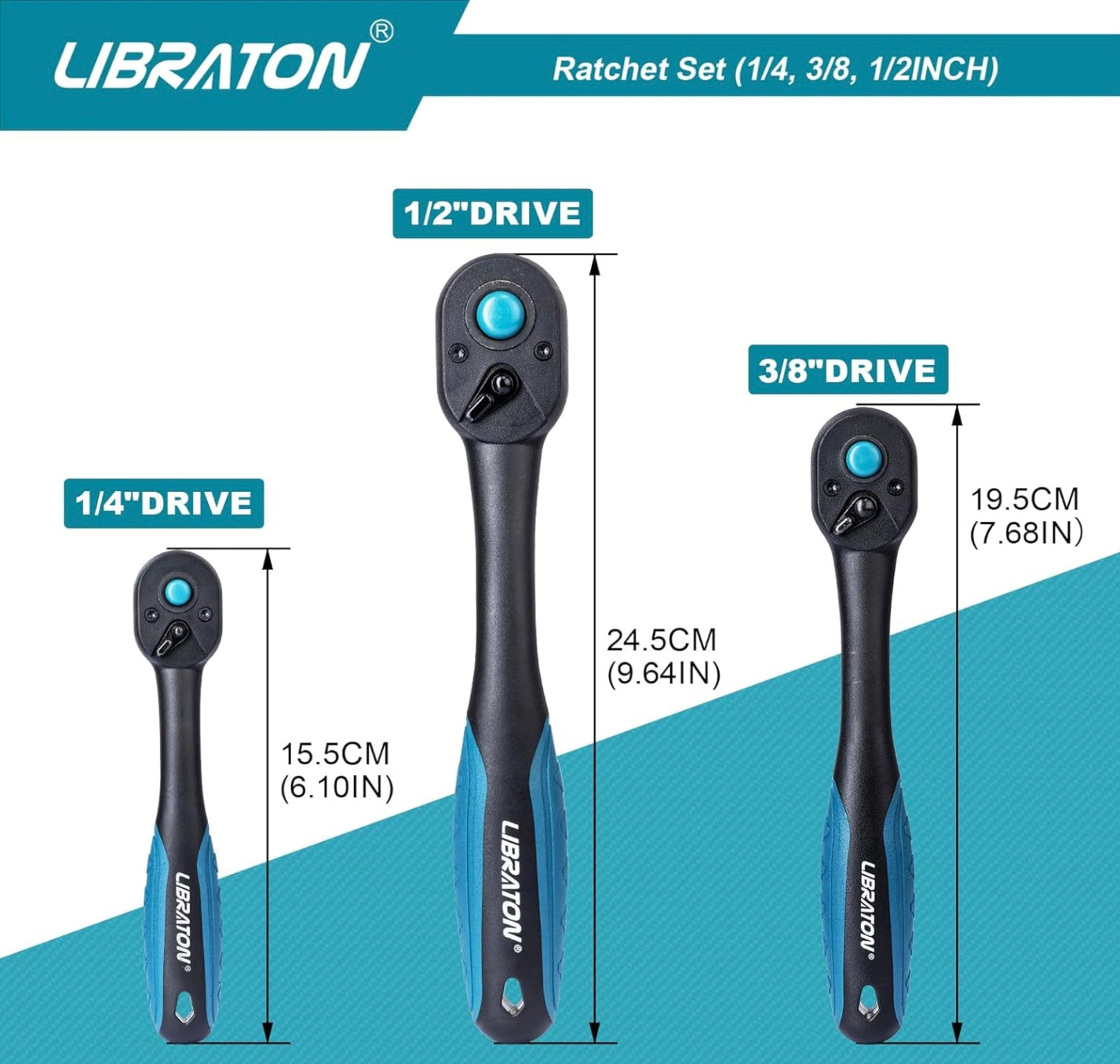 LIBRATON 3PC Heavy Duty Drive Ratchet Socket Wrench Set with Quick-Release Head, 72 Teeth, Reversible Design, Comfort Grip - 1/4”, 3/8”, 1/2”