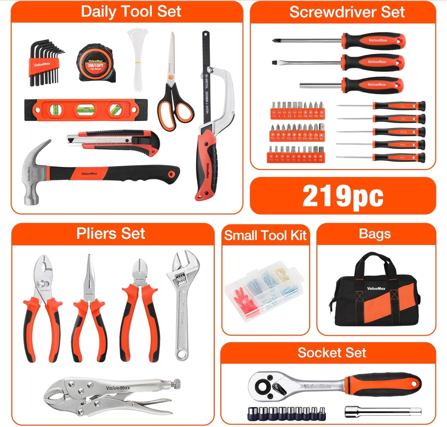 ValueMax 218PC Basic Household Repair Tool Kit w/ 13” Large Opening Tool Bag