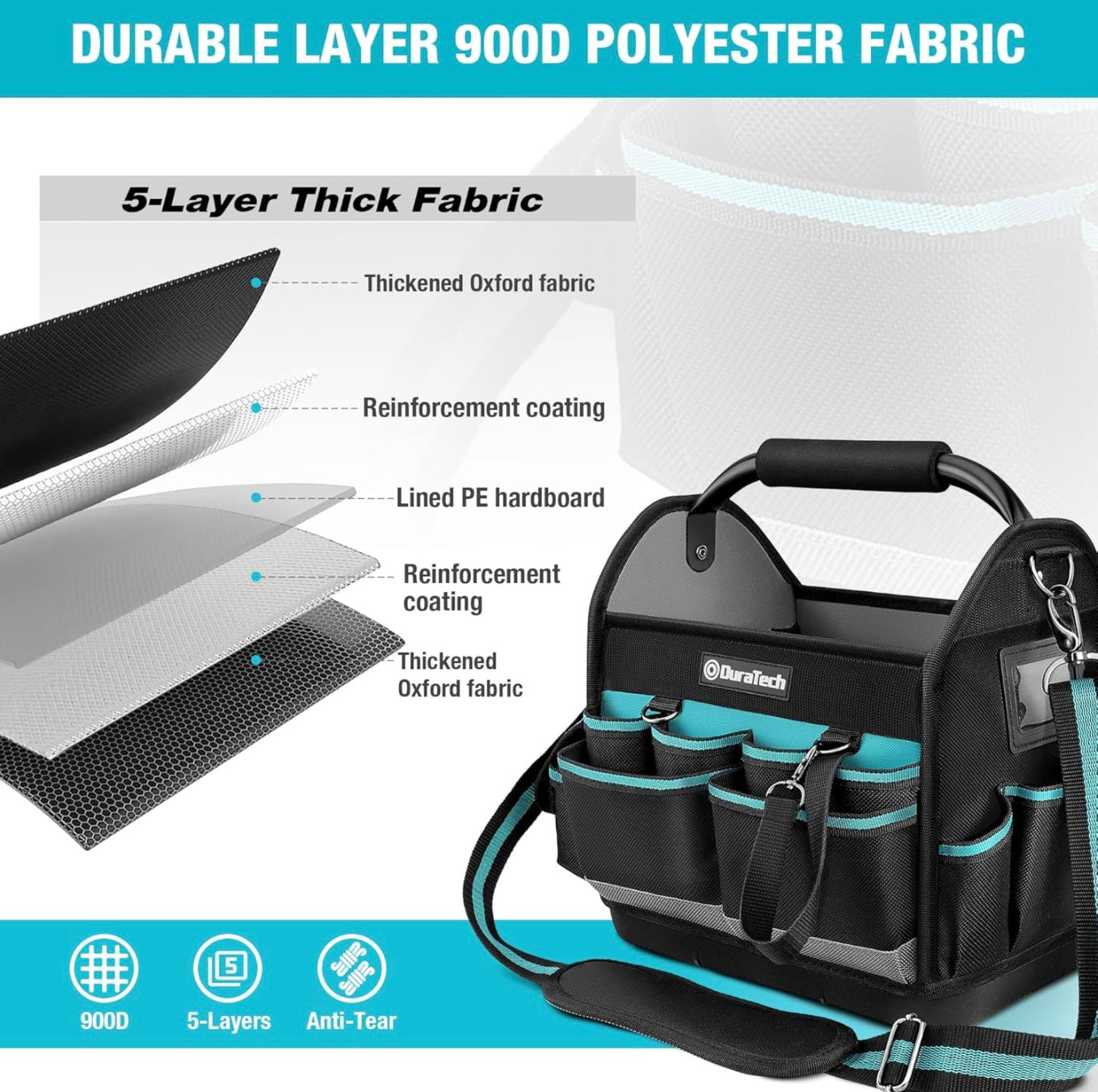 DURATECH 12” Multi-Pocket Open Top Tool Tote w/ Waterproof Hard Bottom, Rotating Handle