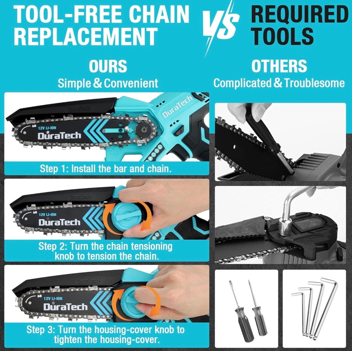 DURATECH 12V 6” Electric Cordless Chainsaw w/ 2 Batteries, 2 Chains