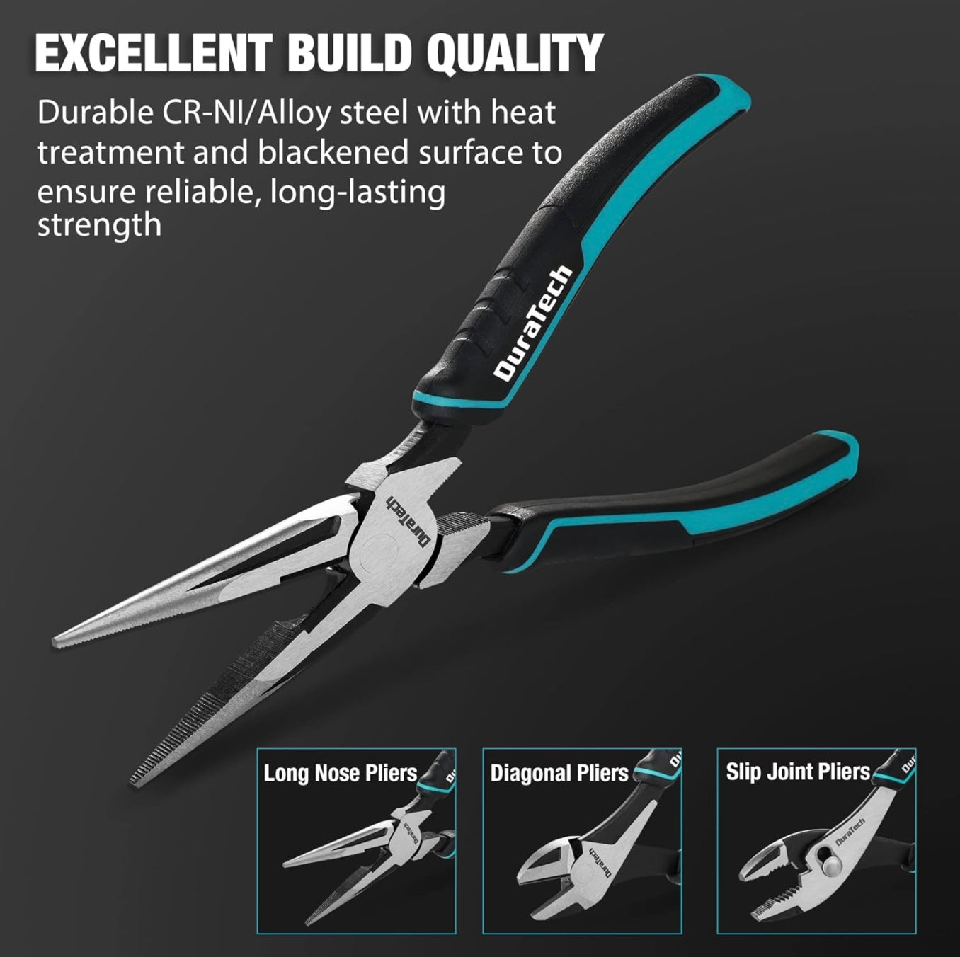 DURATECH 3PC Plier Set, Includes 8” Needle Nose Pliers, 8” Slip Joint Pliers and 7” Diagonal Pliers