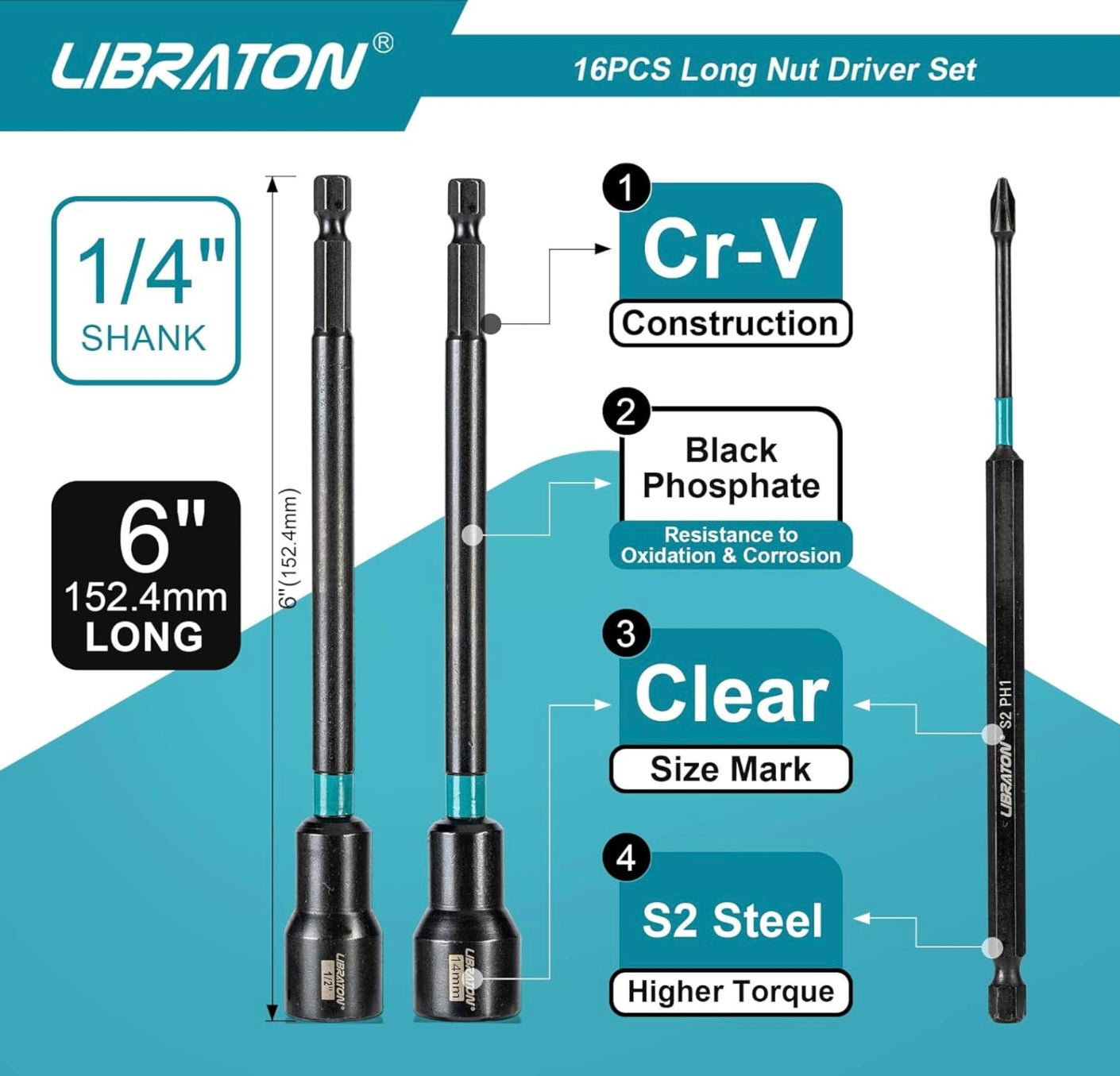 Libraton 16PCS Long Magnetic Nut Driver Set - Metric & SAE w/ Storage Bag + PH1, PH2 Bits