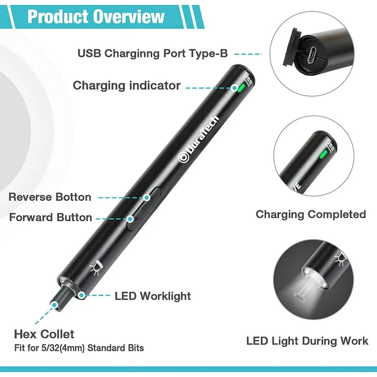 DURATECH 55PC Precision Electric Screwdriver Set w/ 51 Piece S2 Steel Bits, LED Work Light, Storage Box, Bit Holders, USB Type-B Cable