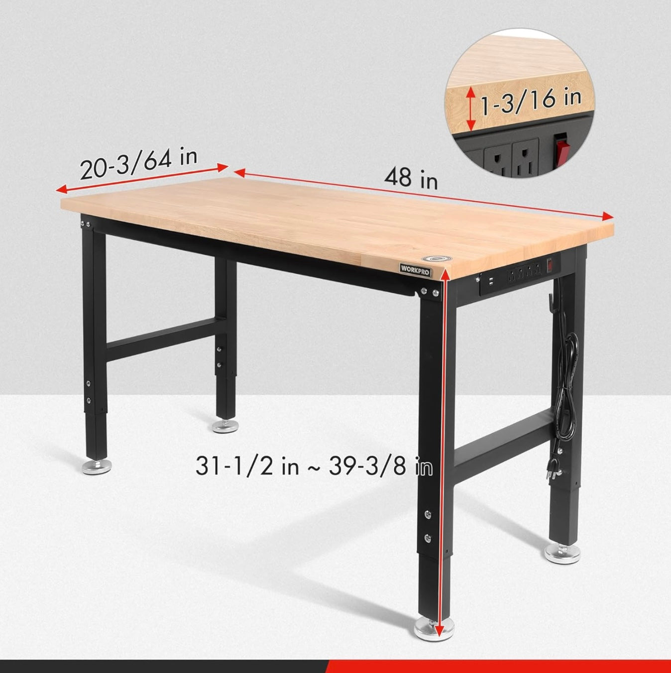 WORKPRO 48" Adjustable Heavy-Duty Workbench w/ Power Outlets, Rubber Wood Top, 2000lbs Load Capacity