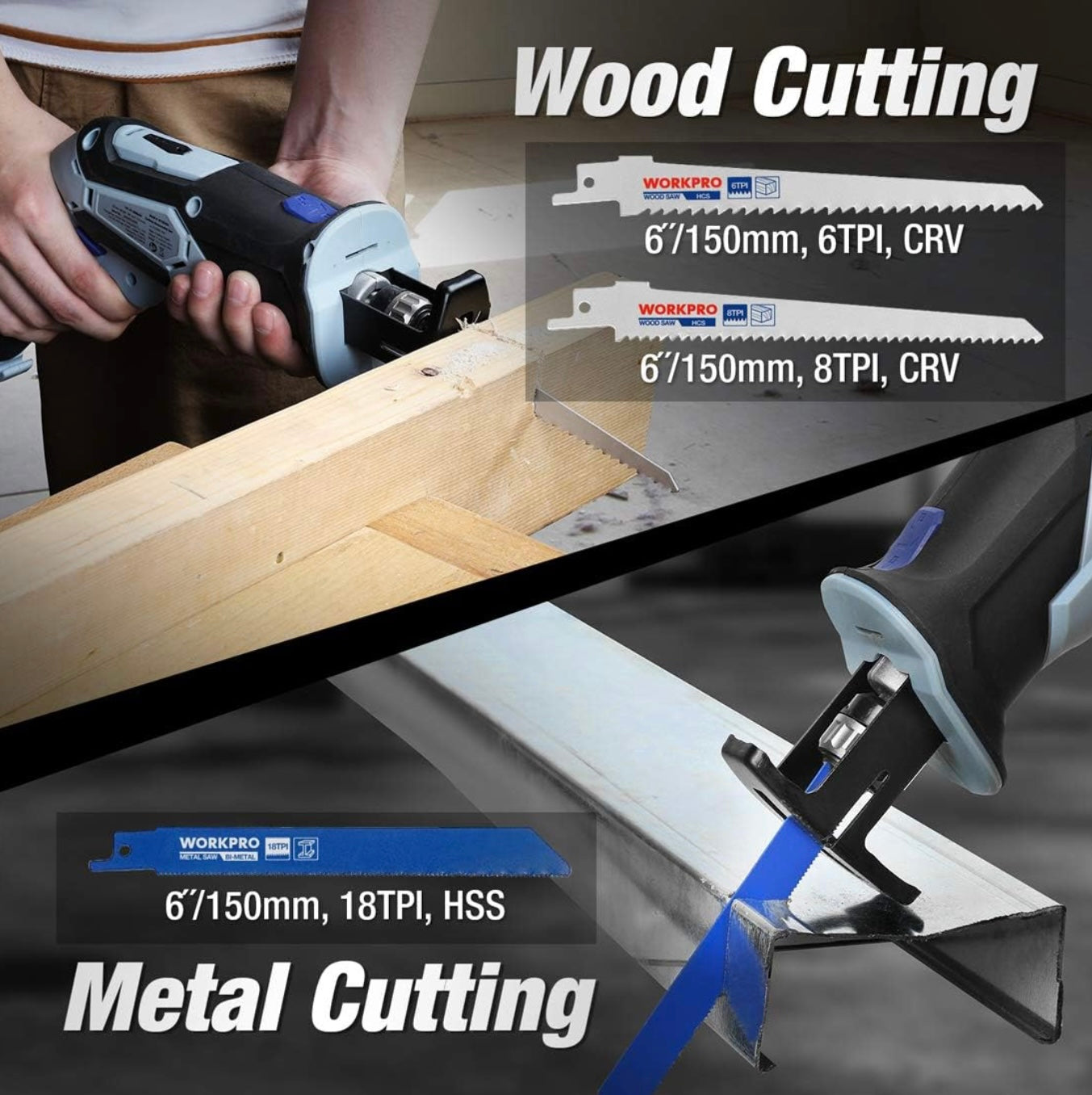 WORKPRO 12V Cordless Reciprocating Saw W/ Clamping Jaw + Charger & 3 Blades