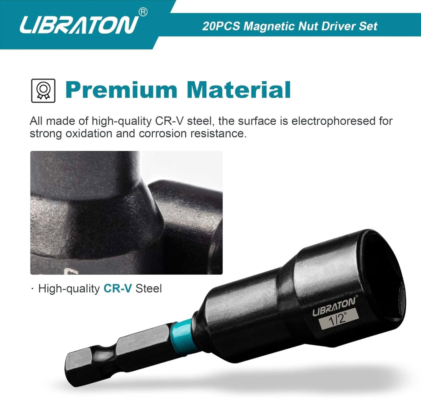 Libraton 20PC 1/4” Magnetic Nut Driver Set, Metric and SAE, w/ Storage Bag