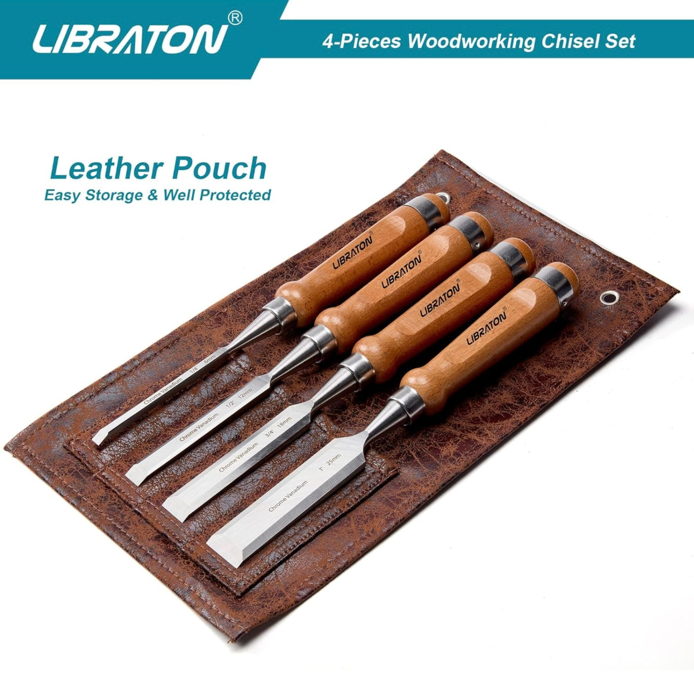 Libraton 4PC Woodworking Chisel Set w/ Leather Pouch
