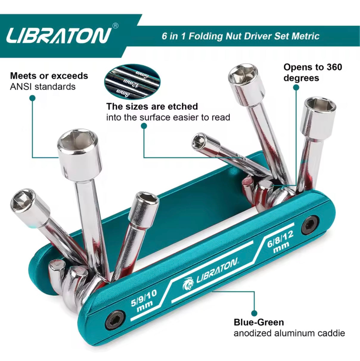 LIBRATON 6-IN-1 Folding Nut Driver Set - Metric